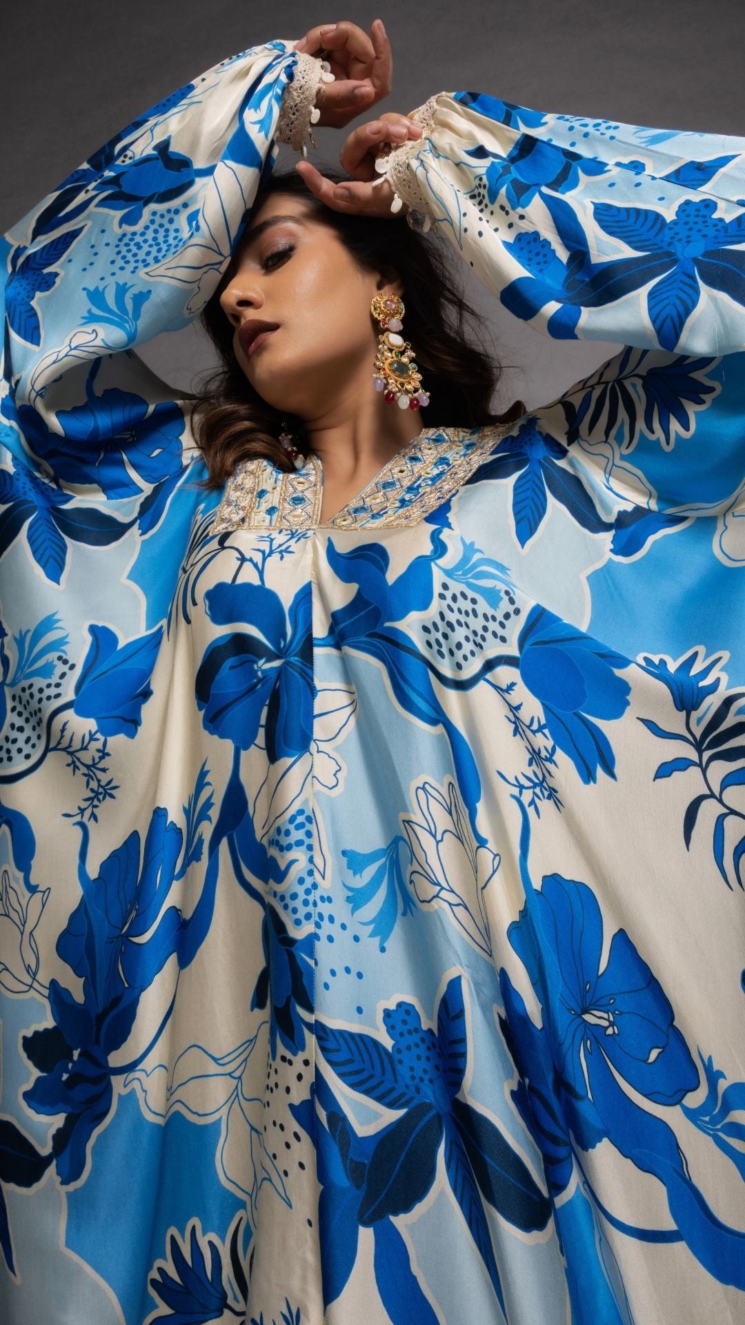 Blue Waterfall Floral Abstract Printed V-Neck Embroidered Top and Pant