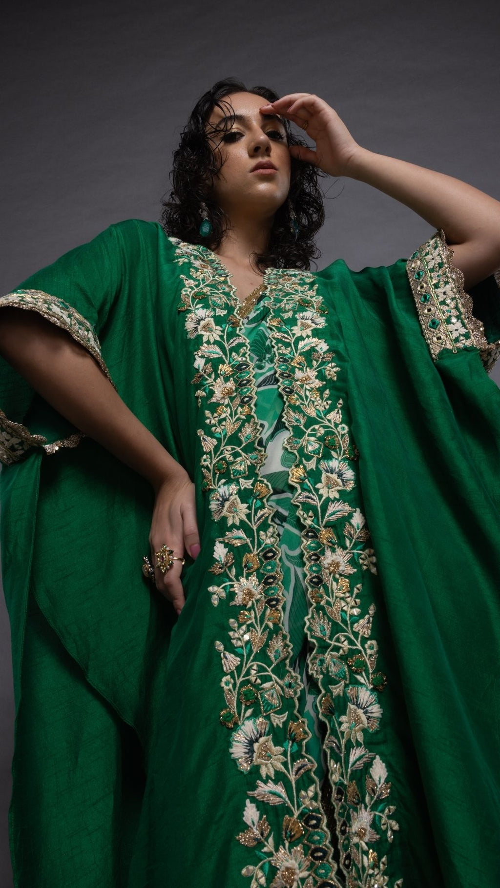 Green Printed Saree with Printed Bustier and Cutwork Cape With Slit Sleeve
