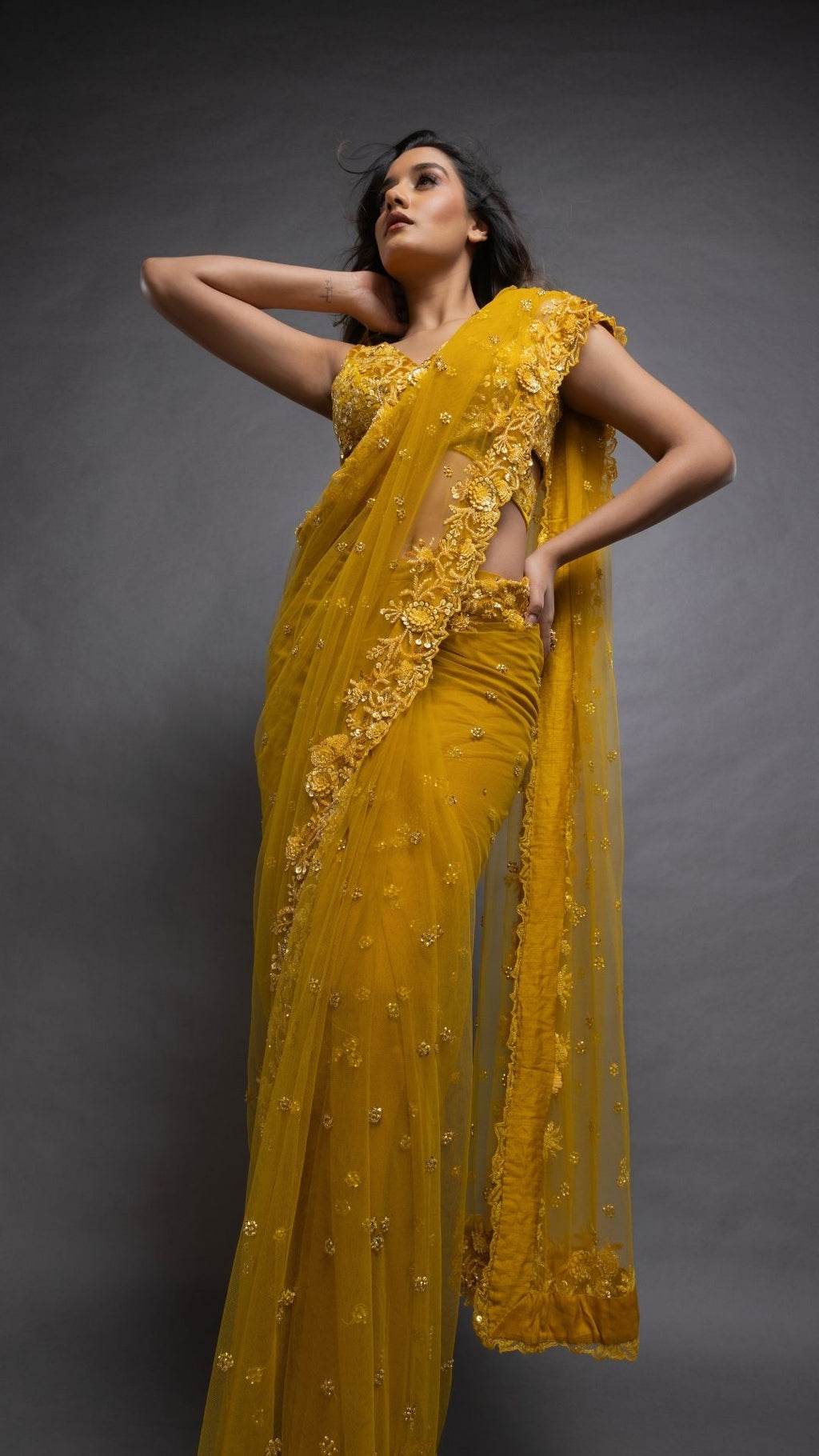 Mustard Embroidered Tie-Up Choli with Mustard Embroidered Pre-Stitched Saree