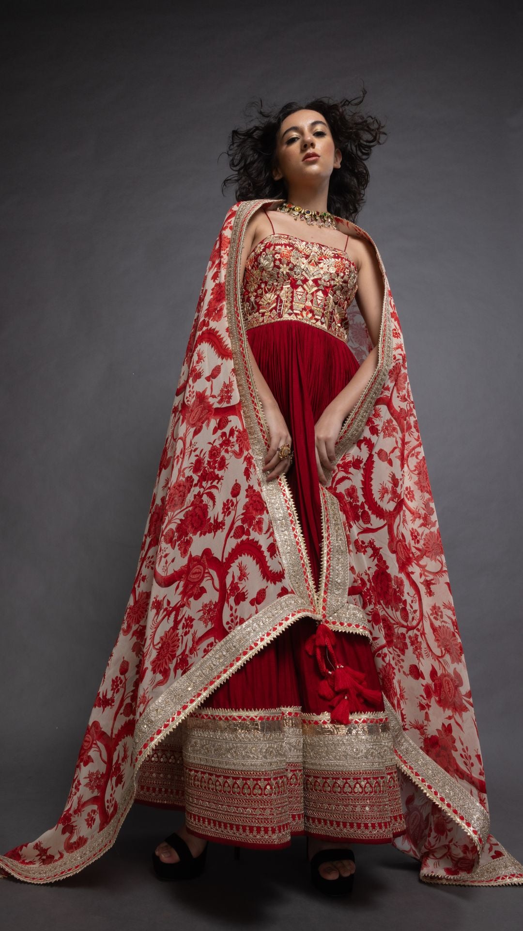 Red Embroidered Half Cup Bralette Kalidar with Churidar and Printed Dupatta