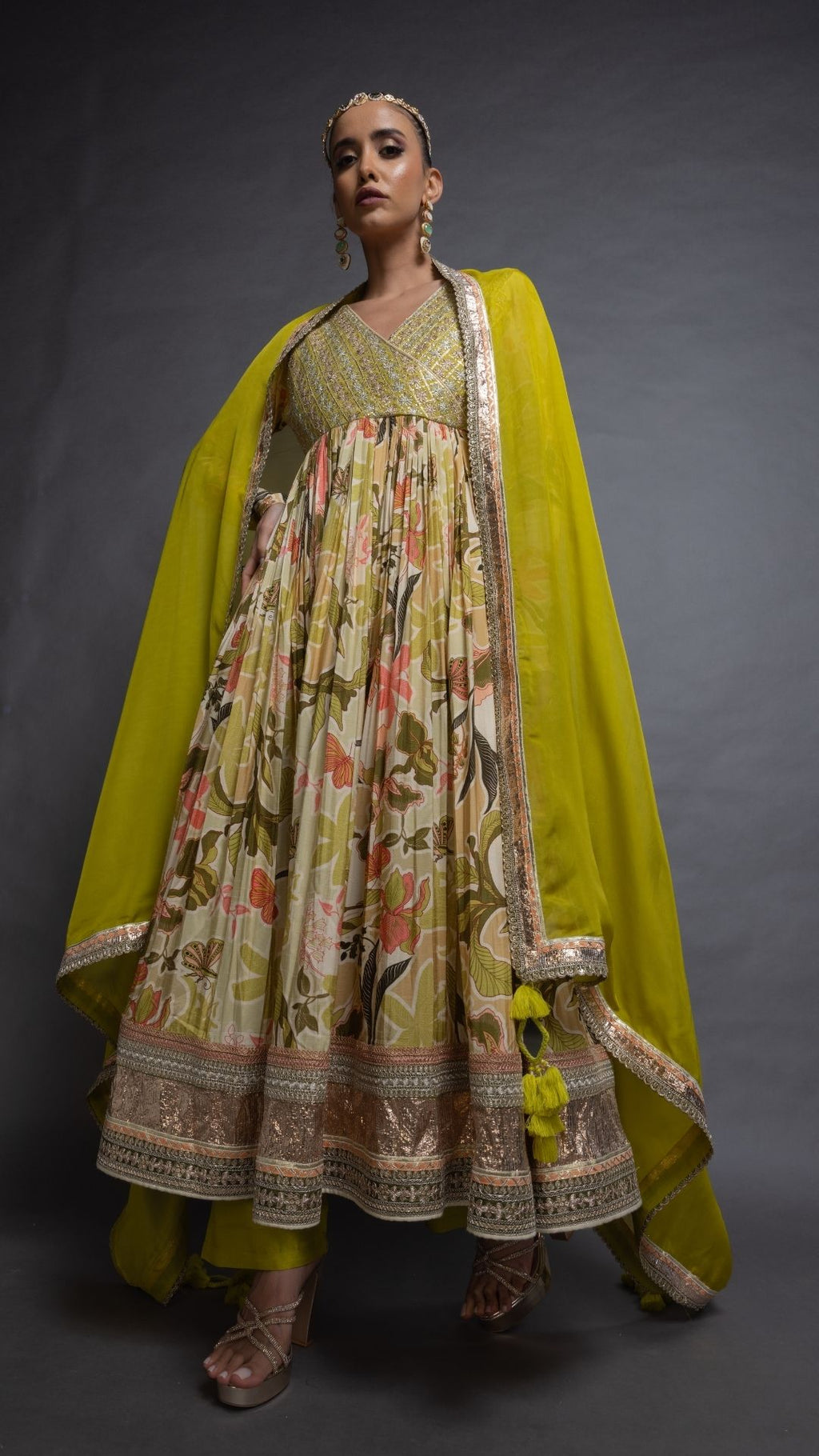 Lime Embroidered Mock Tie-Up Yoke and Floral Abstract Printed Angrakha with Solid Lime Pant and Dupatta