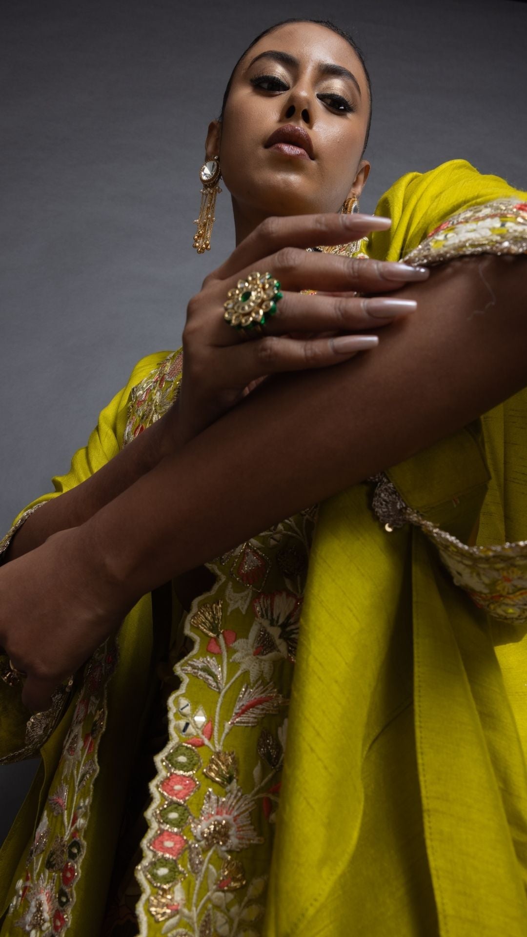 Olive Silk Cutwork Embroiderd Cape with Olive Embroidered Bustier and Modal Printed Drape Skirt