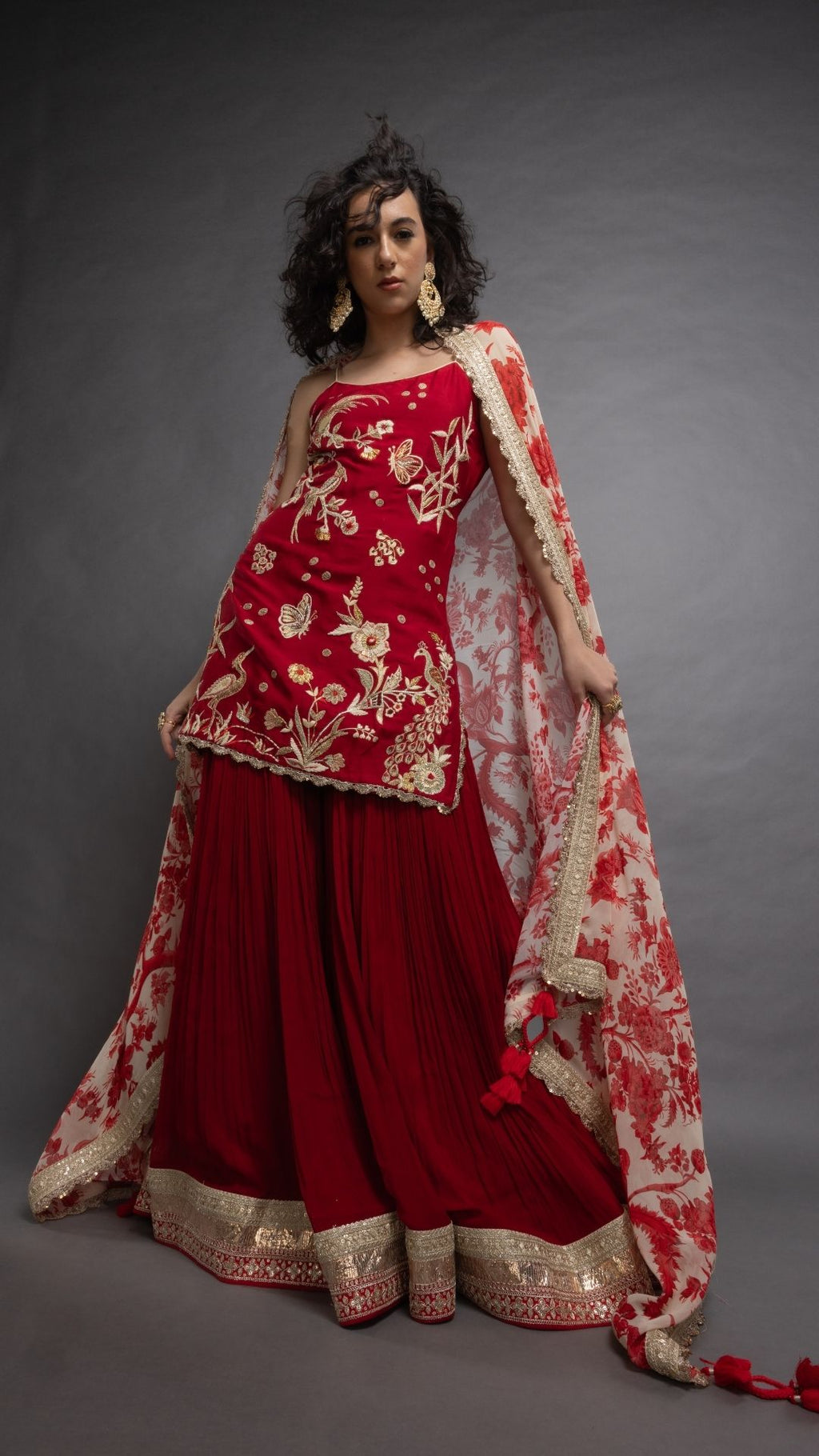 Red Noodle Strap Kurta with Sharara and Printed Dupatta