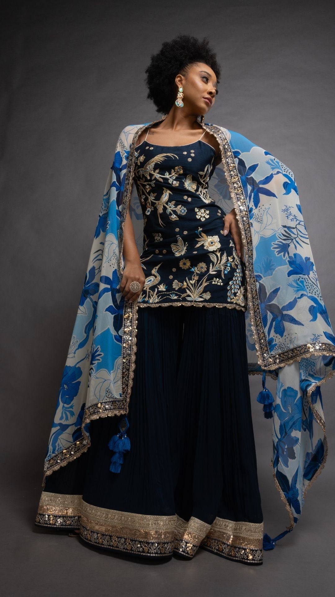 Blue Noodle Strap Kurta with Sharara and Printed Dupatta