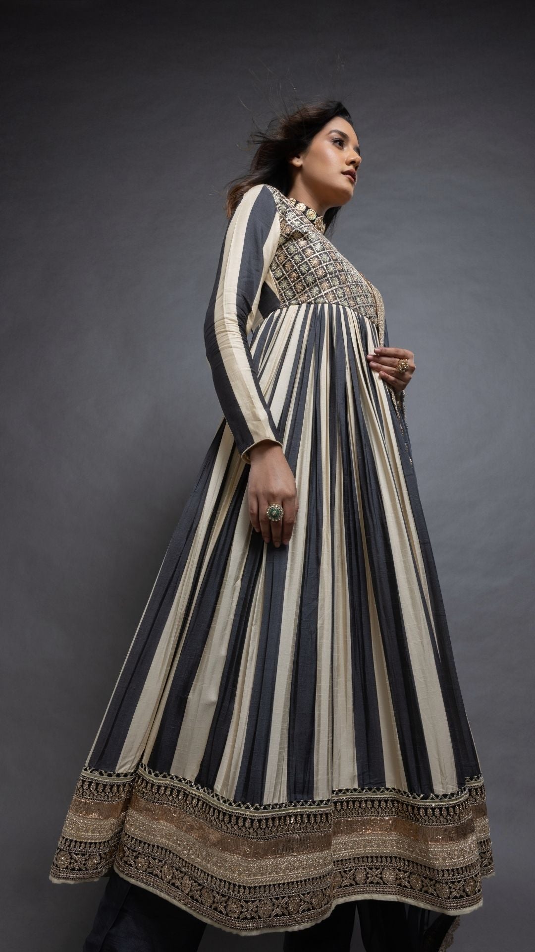 Grey Embroidered Mock Tie Up Yoke & Stripes Printed Angrakha with Solid Grey Pant and Dupatta