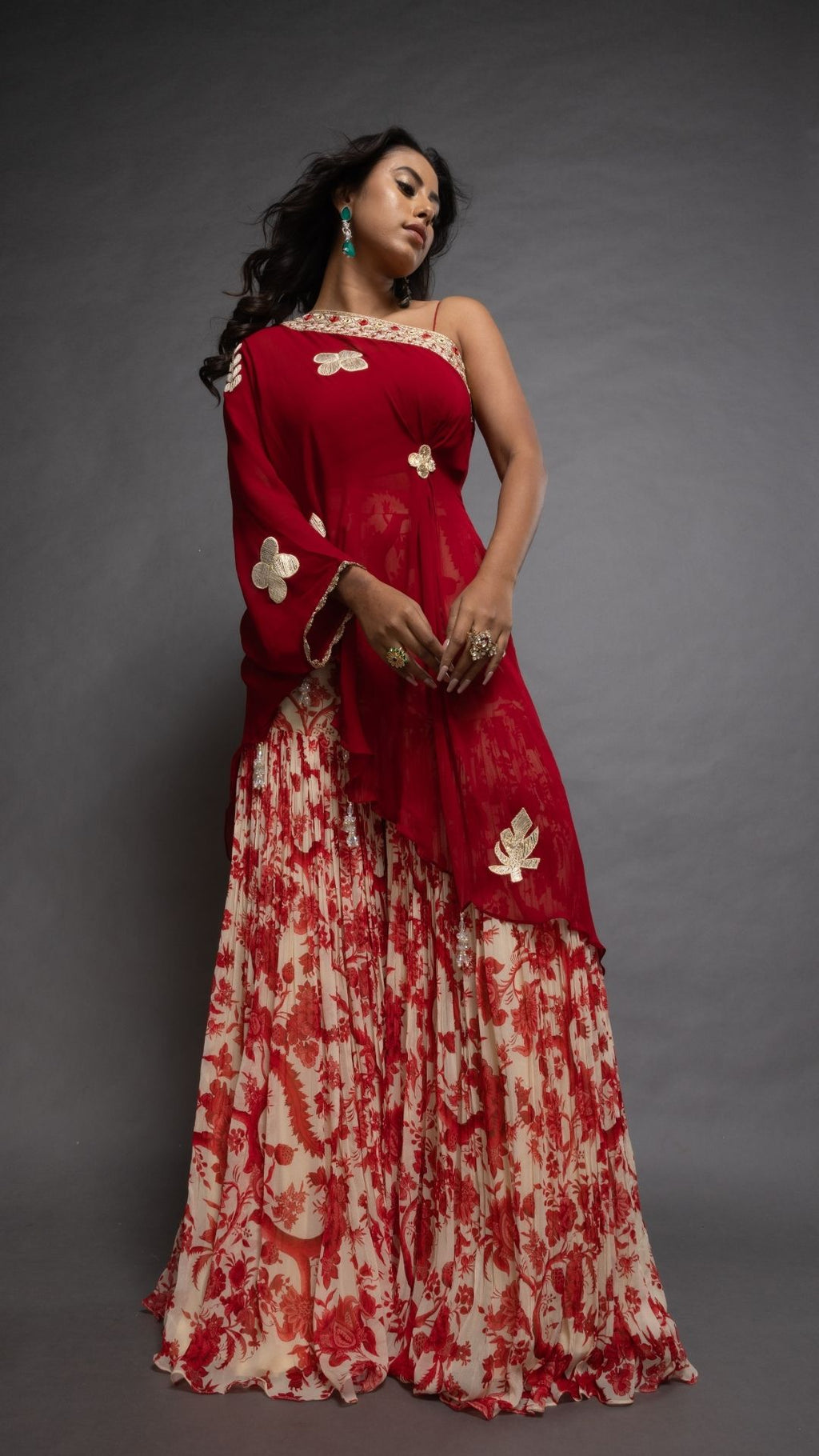 Red One Shoulder Embroidered Short Poncho with Bustier and Printed Crushed Sharara
