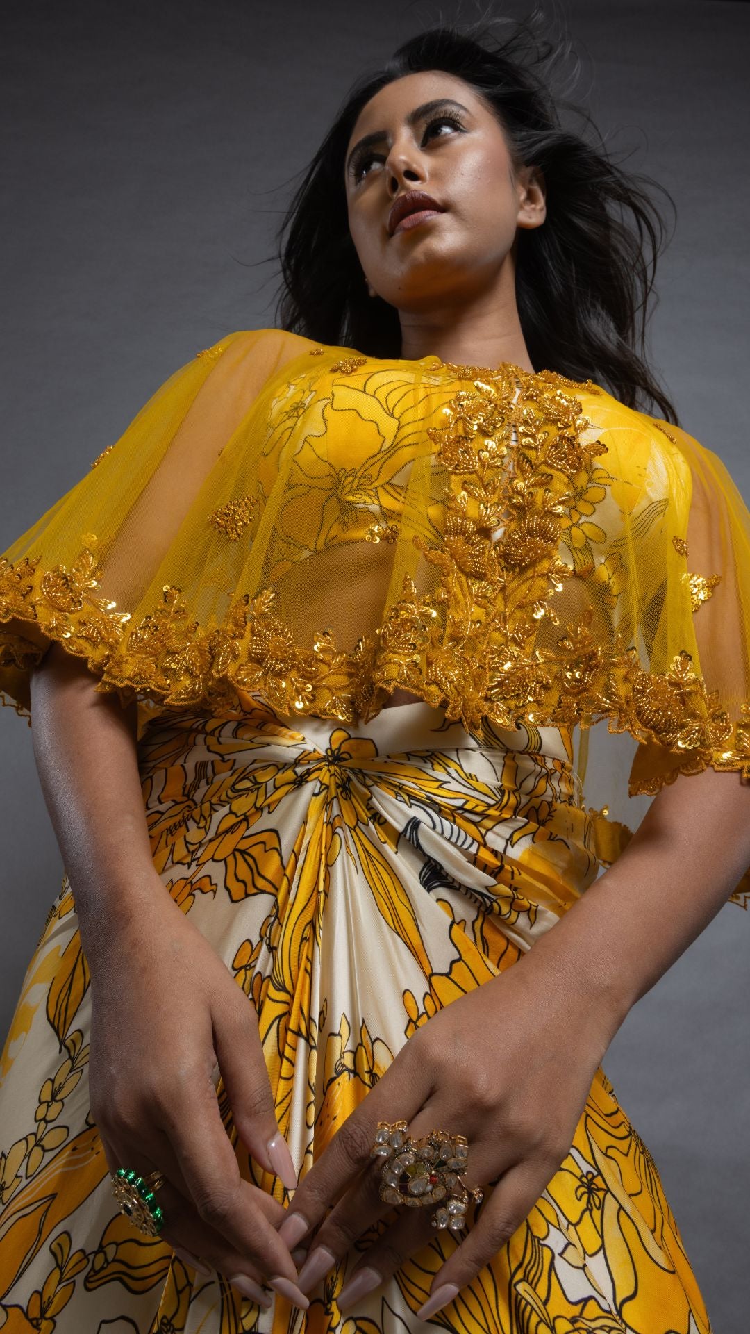 Solid Mustard Embroidered Single Button Short Cape with Abstract Printed Bustier and Floral Abstract Printed Drape Skirt