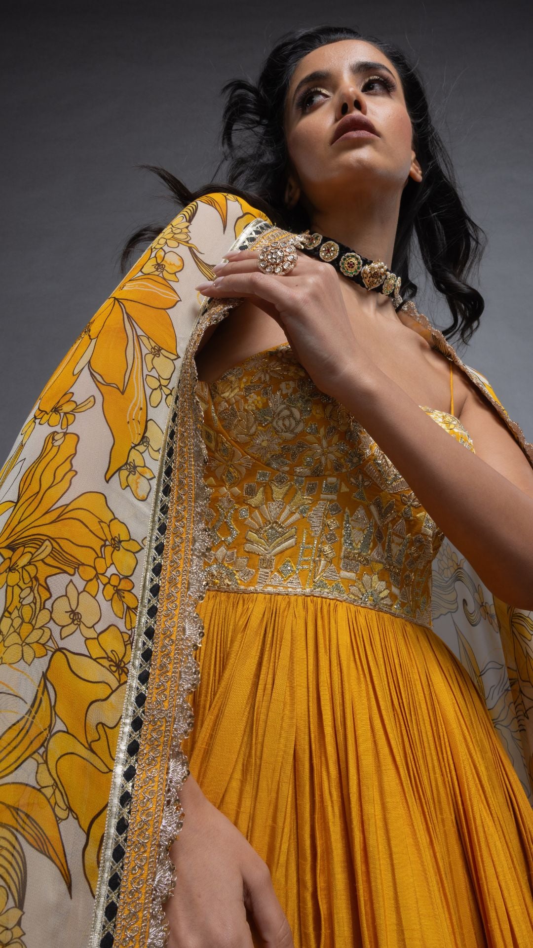 Musturd Embroidered Half Cup Bralette Kalidar with Churidar and Printed Dupatta