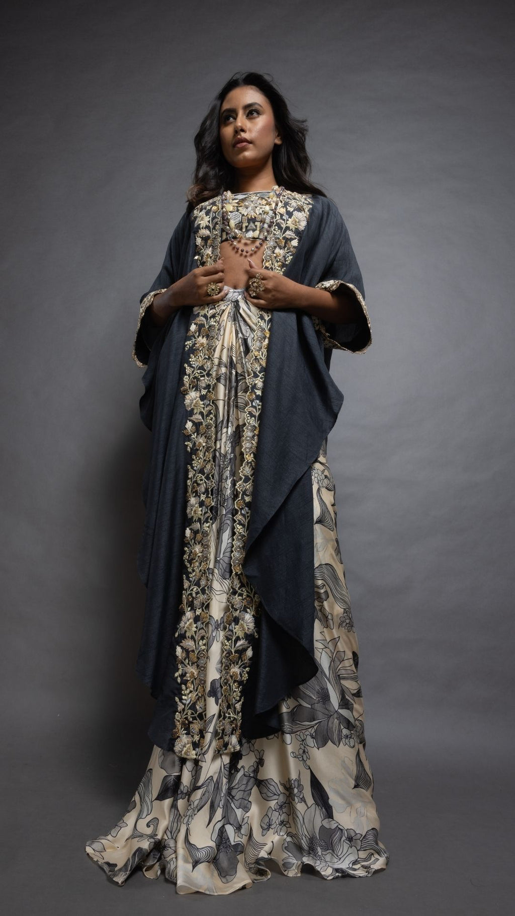 Grey Printed Saree with Printed Bustier and Cutwork Cape With Slit Sleeve