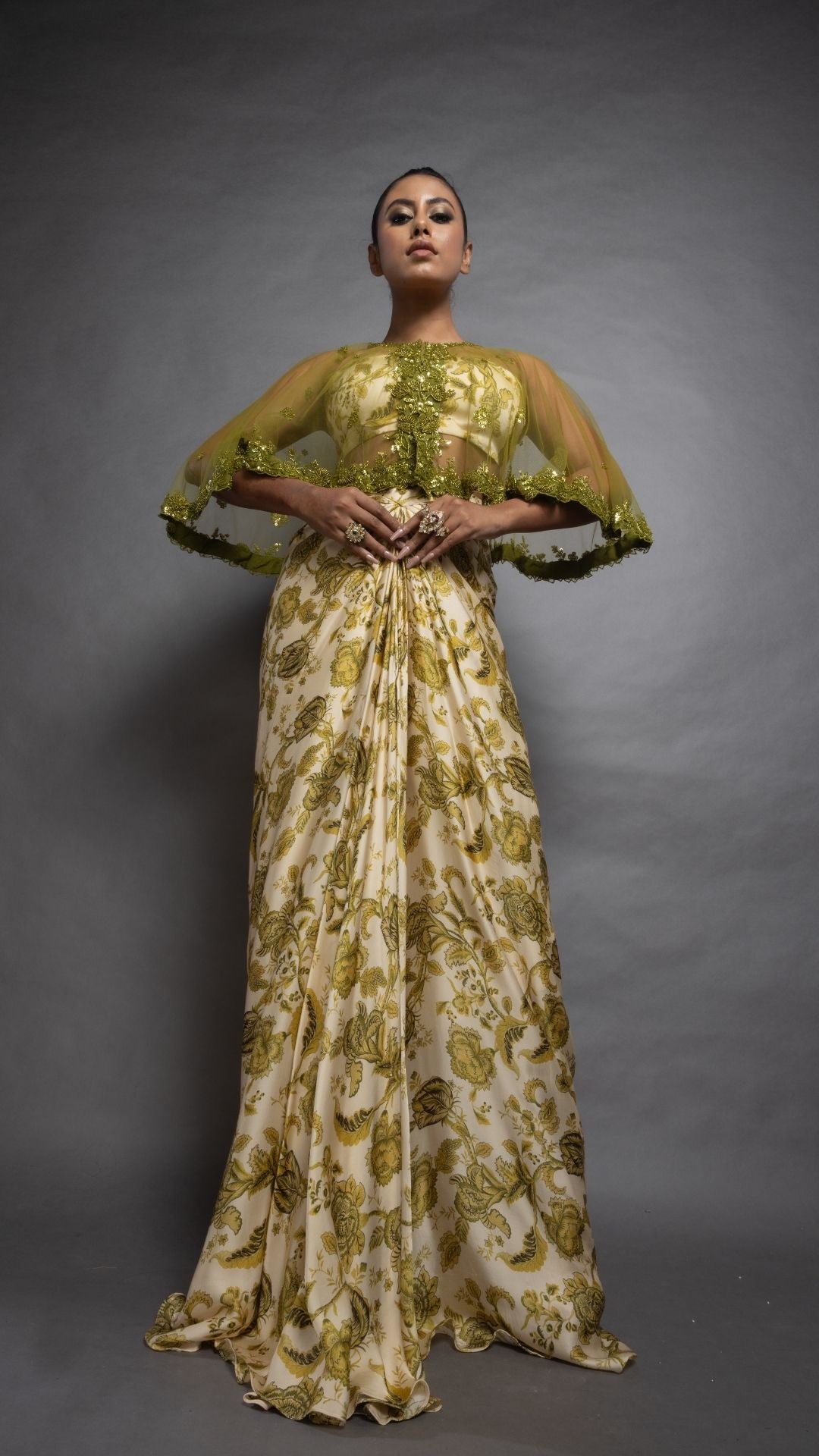 Solid Olive Embroidered Single Button Short Cape with Abstract Printed Bustier and Floral Abstract Printed Drape Skirt