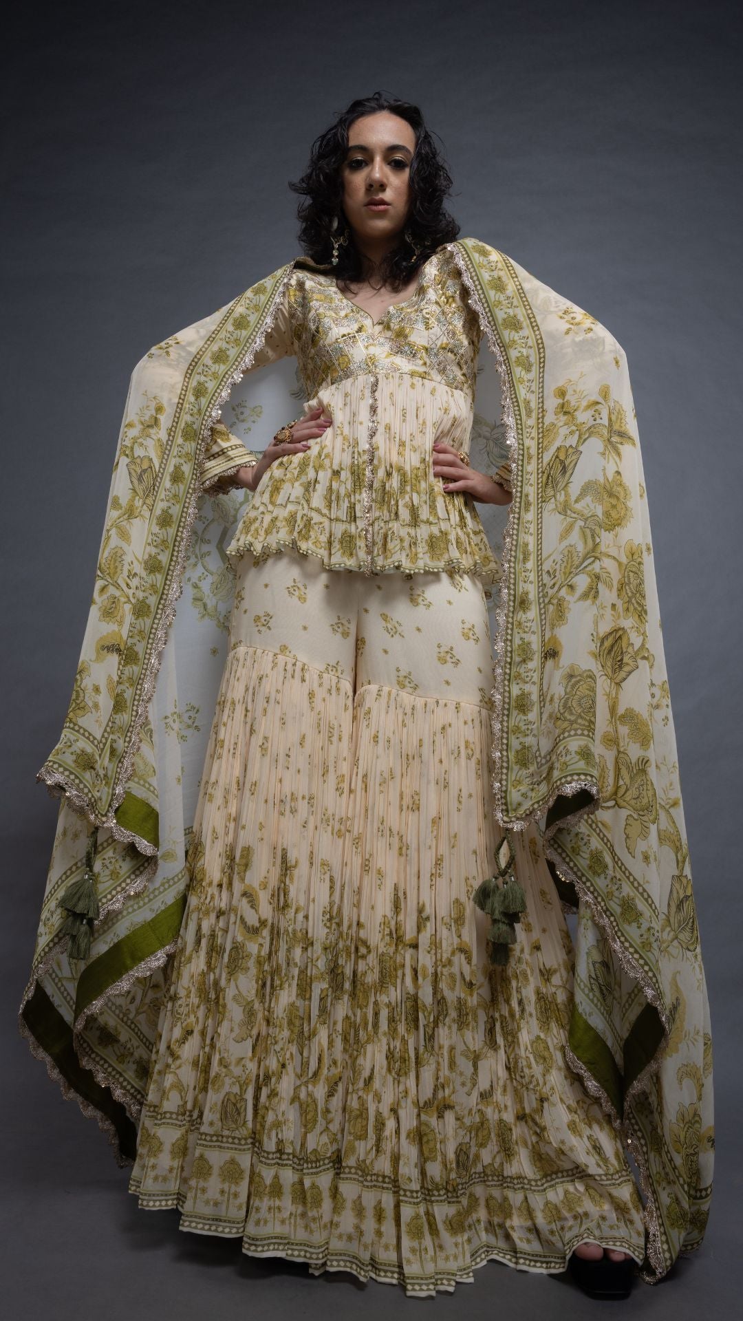 Olive Placement Printed Peplum Sharara and Dupatta