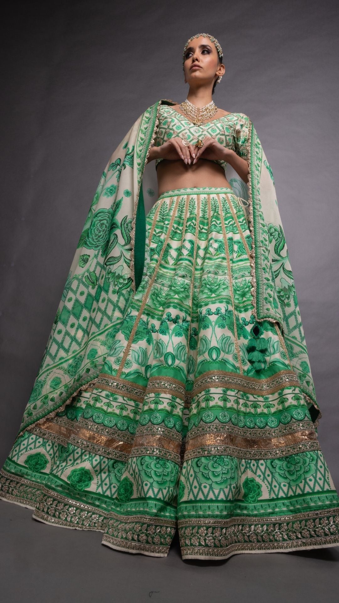 Green Floral Placement Printed V Neck Half Sleeves Blouse with Floral Placement Printed Lehenga and Dupatta