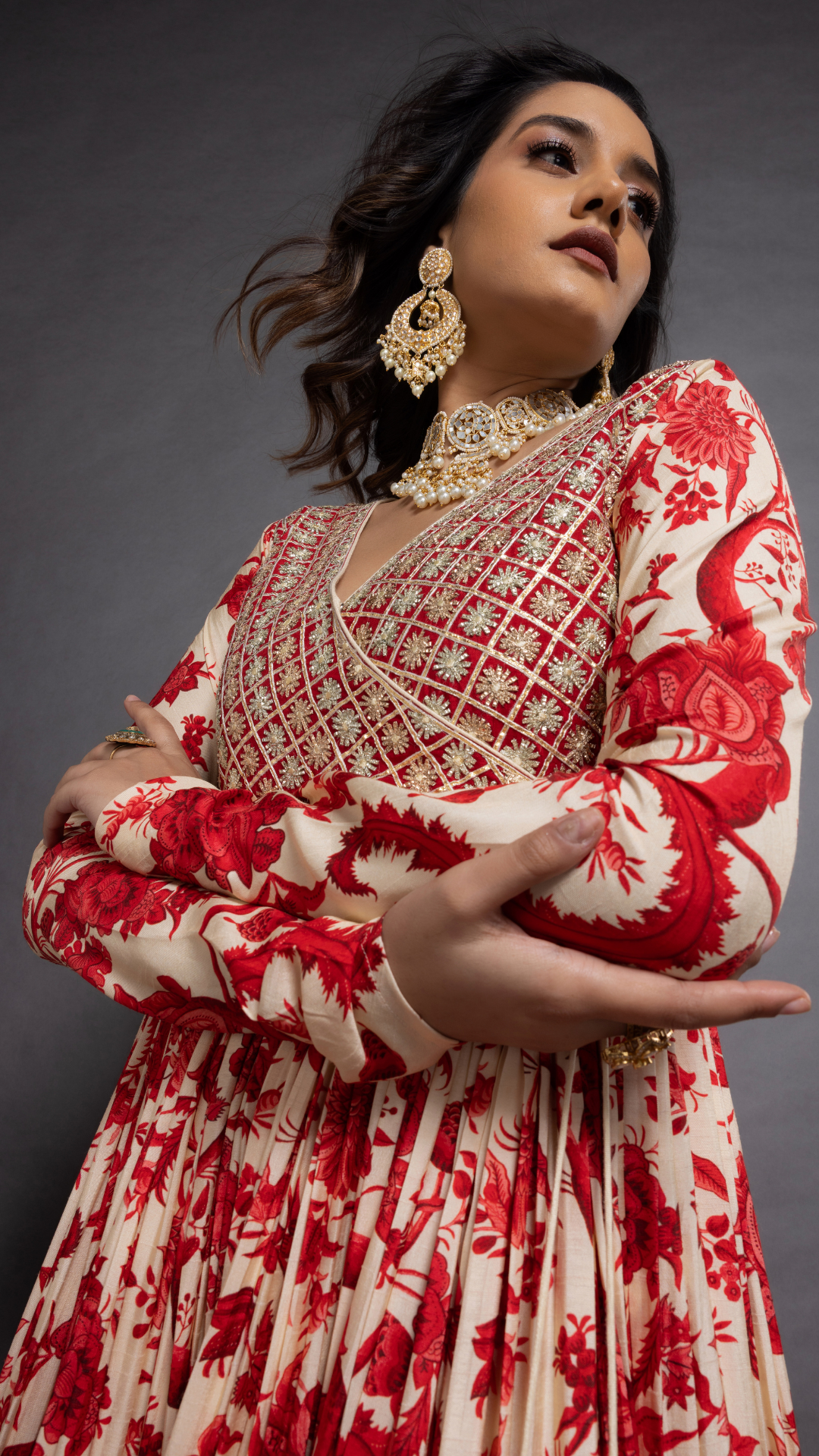 Red Embroidered Mock Tie Up Yoke & Floral Printed Angrakha with Solid Red Pant and Dupatta