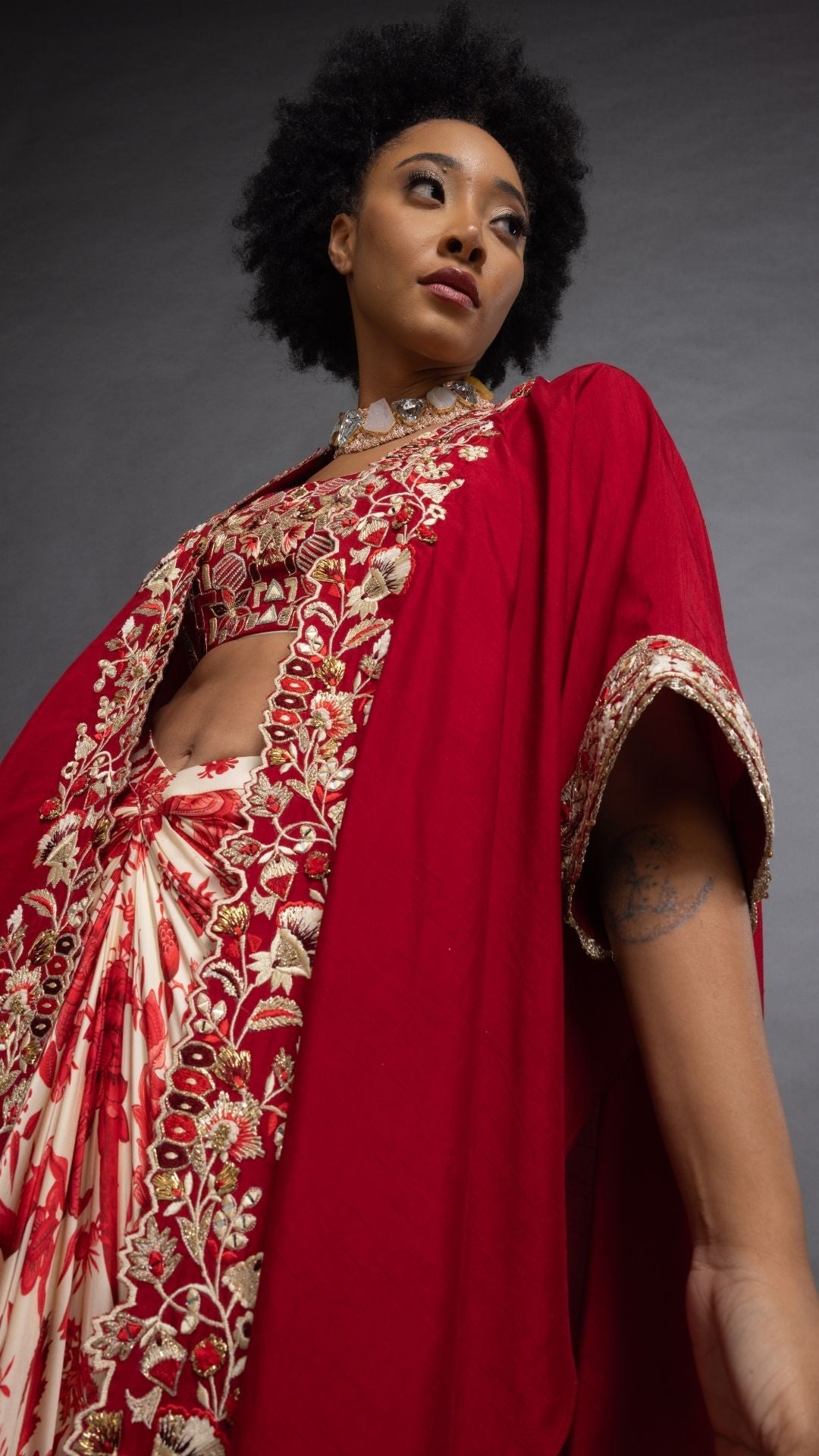 Red Silk Cutwork Embroiderd Cape with Red Embroidered Bustier and Modal Printed Drape Skirt