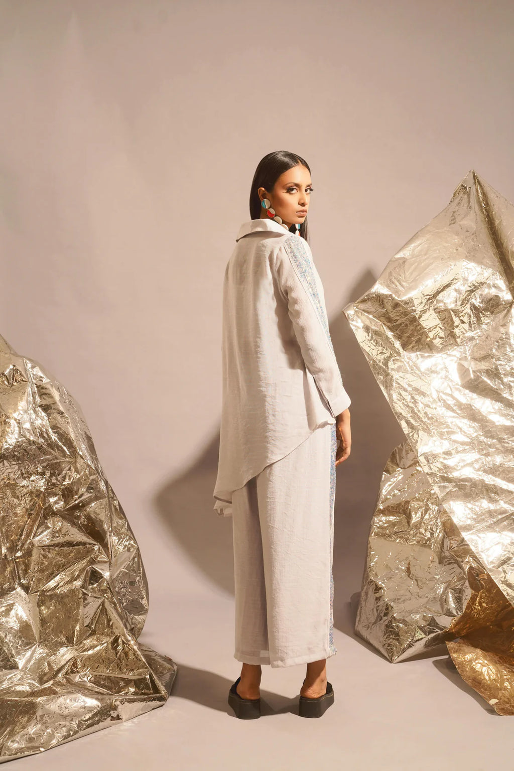 Asymmetric Sequins Shirt Set