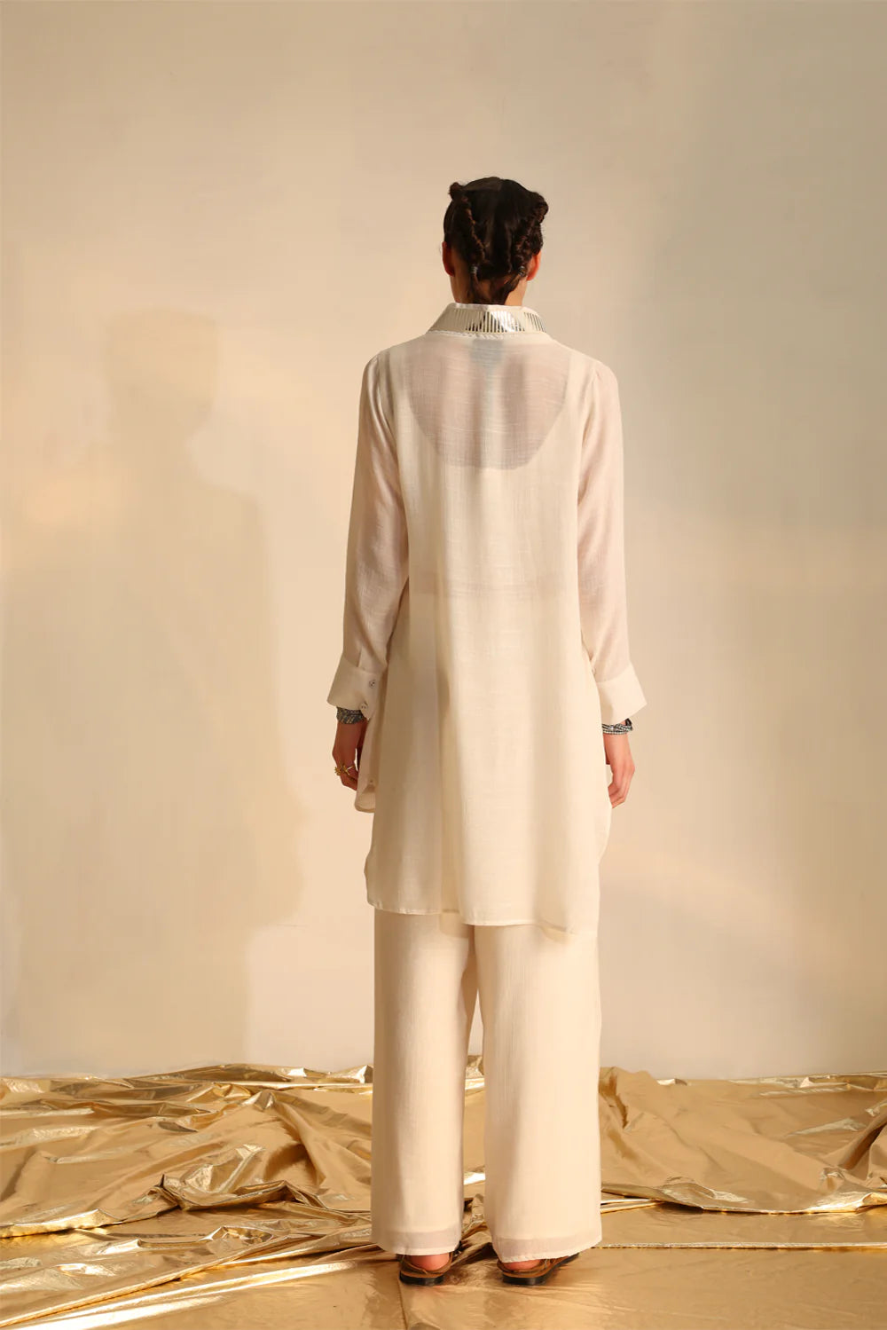 Overlap collar foil tunic set