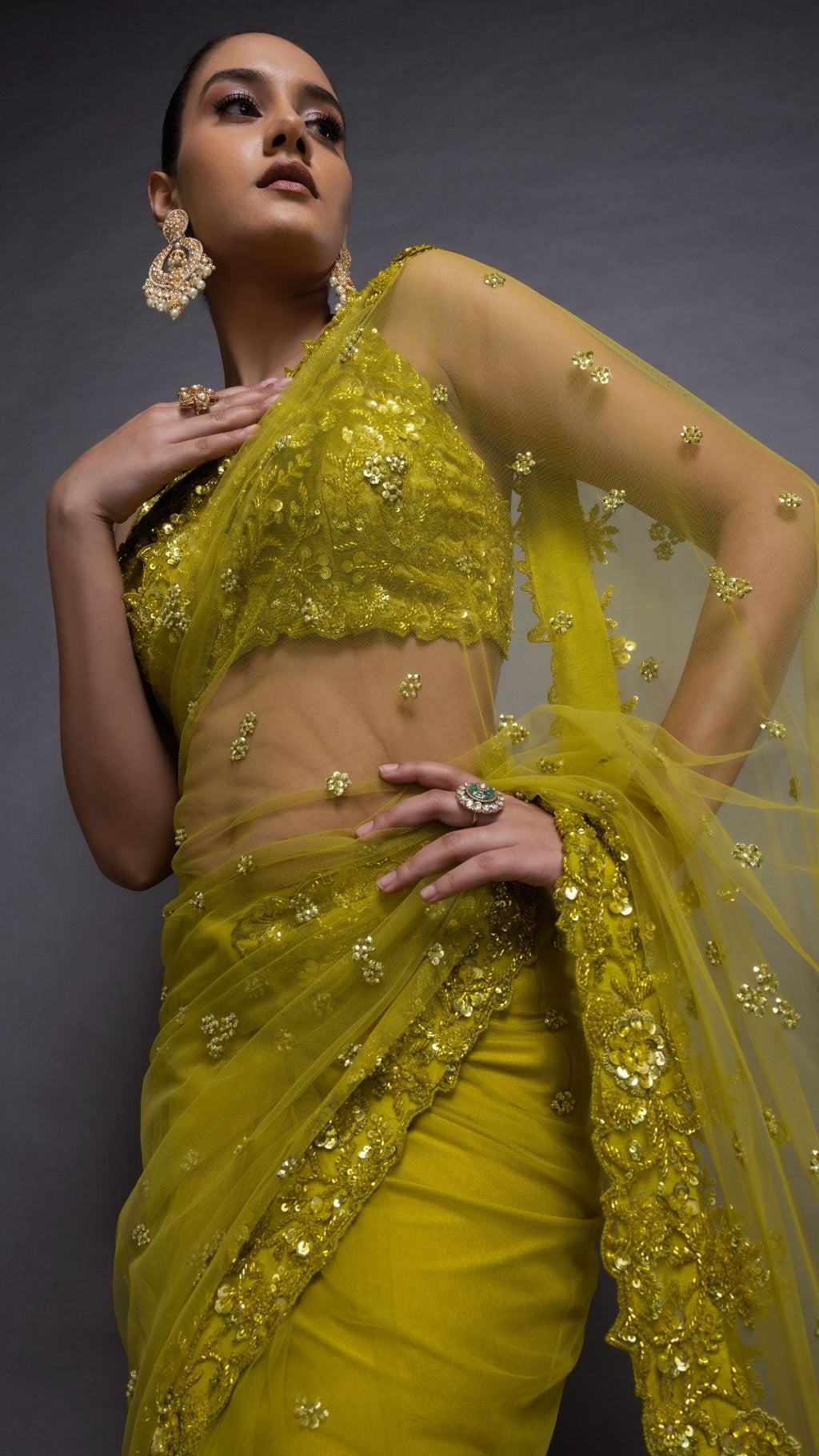 Lime Embroidered Halter Neck Blouse with Lime Embroidered Pre-Stitched Saree