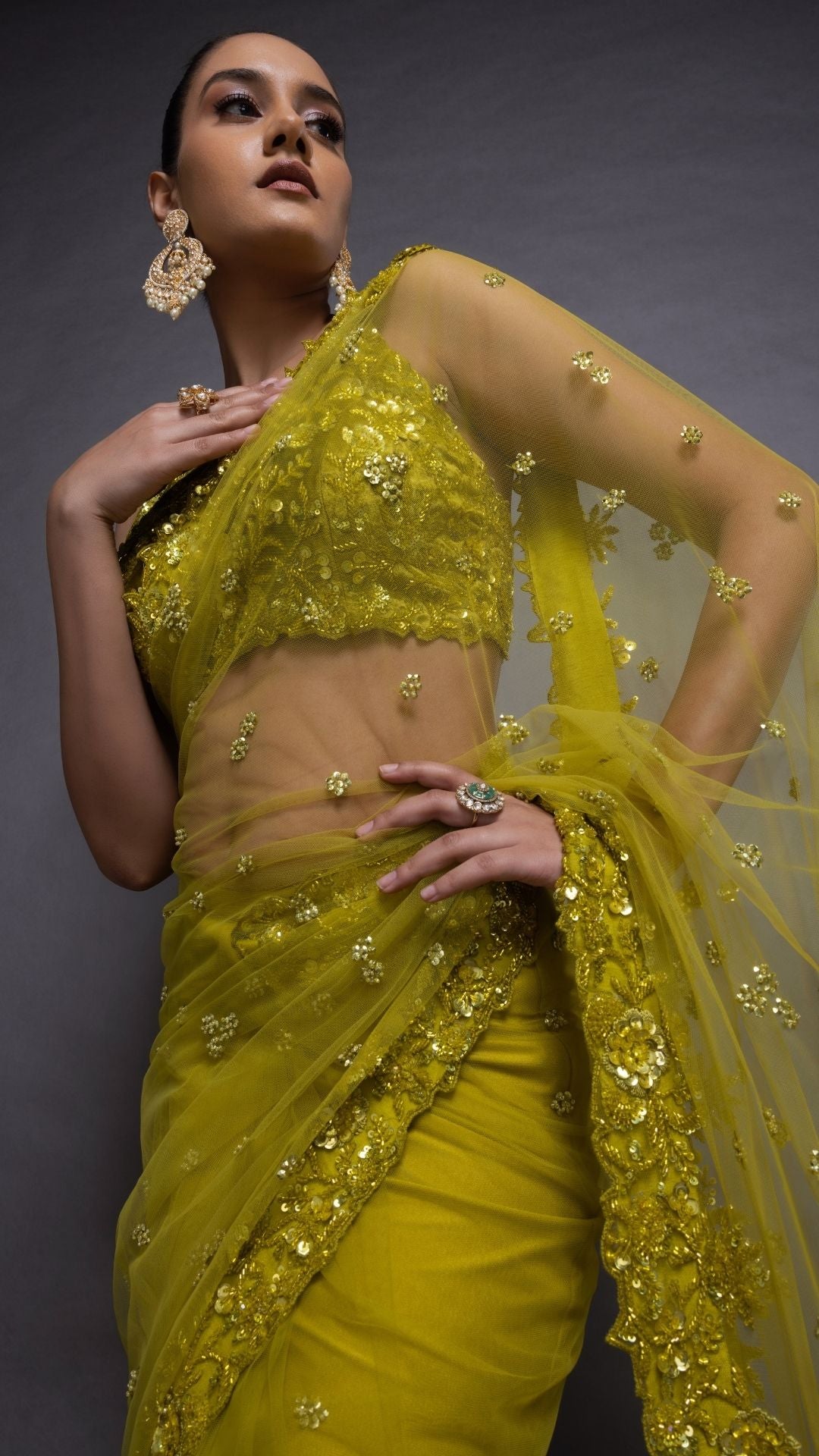 Lime Embroidered Halter Neck Blouse with Lime Embroidered Pre-Stitched Saree