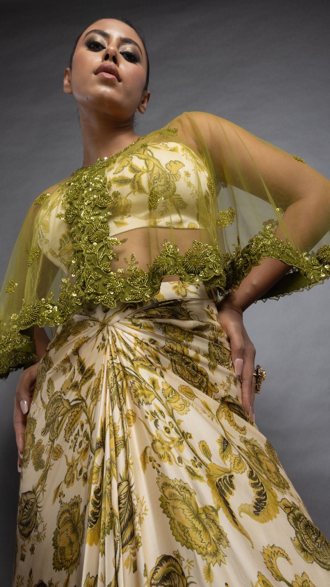 Solid Olive Embroidered Single Button Short Cape with Abstract Printed Bustier and Floral Abstract Printed Drape Skirt