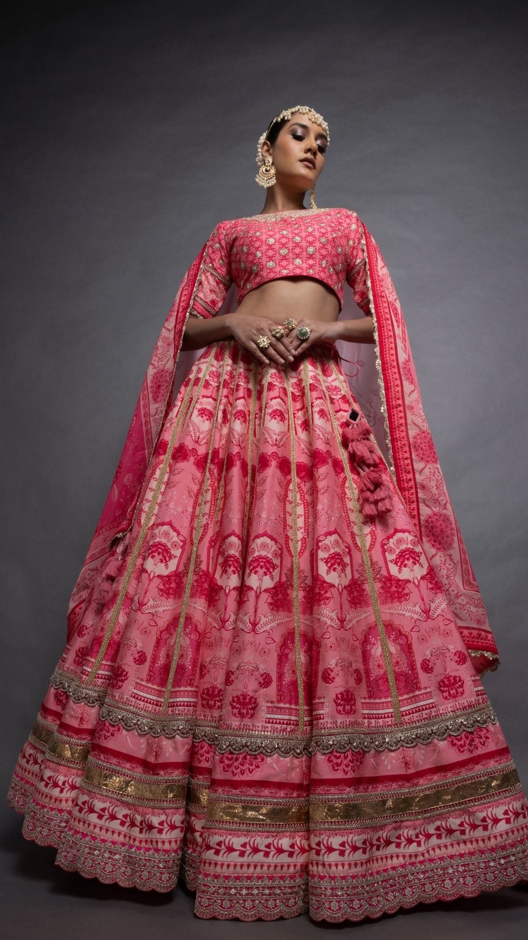 Pink Floral Placement Printed Close Neck Half Sleeves Blouse with Floral Placement Printed Lehenga and Dupatta