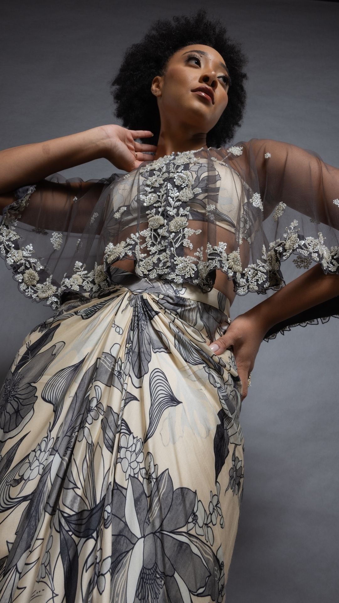 Solid Grey Embroidered Single Button Short Cape with Abstract Printed Bustier and Floral Abstract Printed Drape Skirt