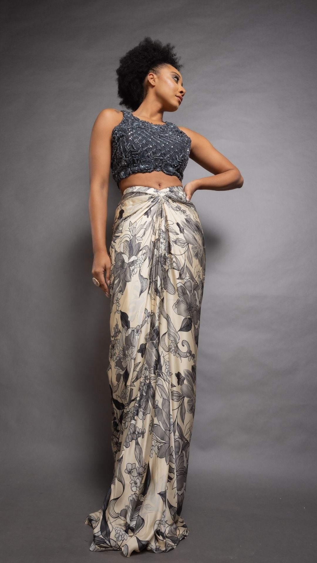 Grey Hand Embroidered Halter Neck Top and Printed Drape Skirt