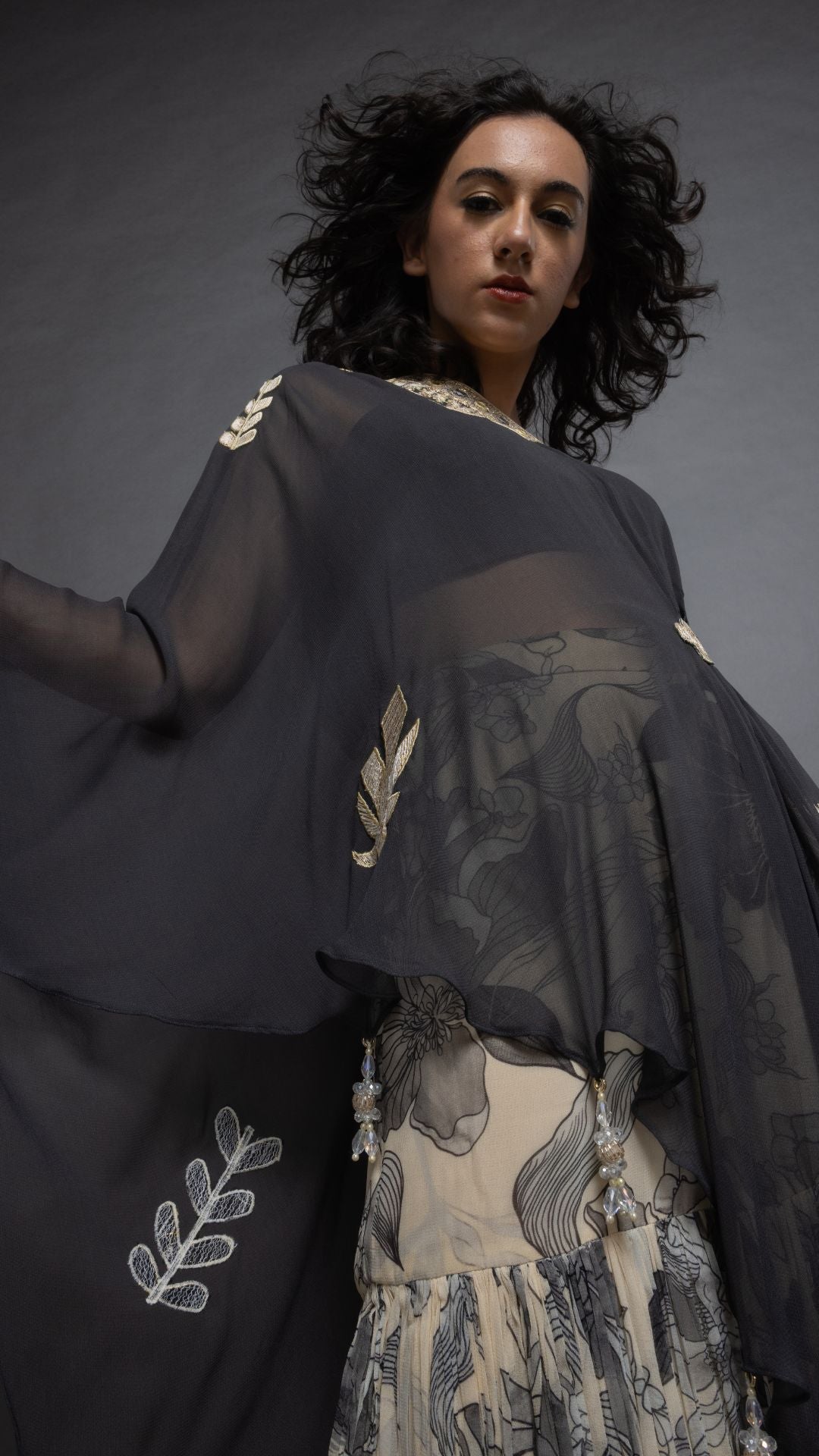 Grey One Shoulder Embroidered Short Poncho with Bustier and Printed Crushed Sharara