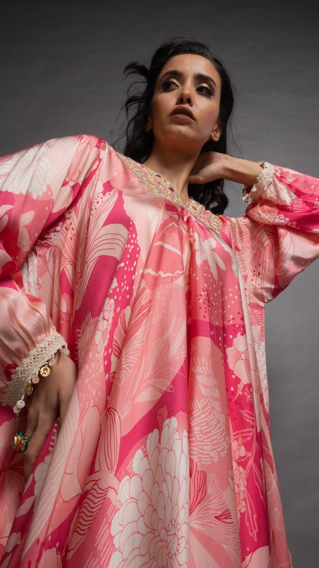Pink Waterfall Floral Abstract Printed V-Neck Embroidered Top and Pant