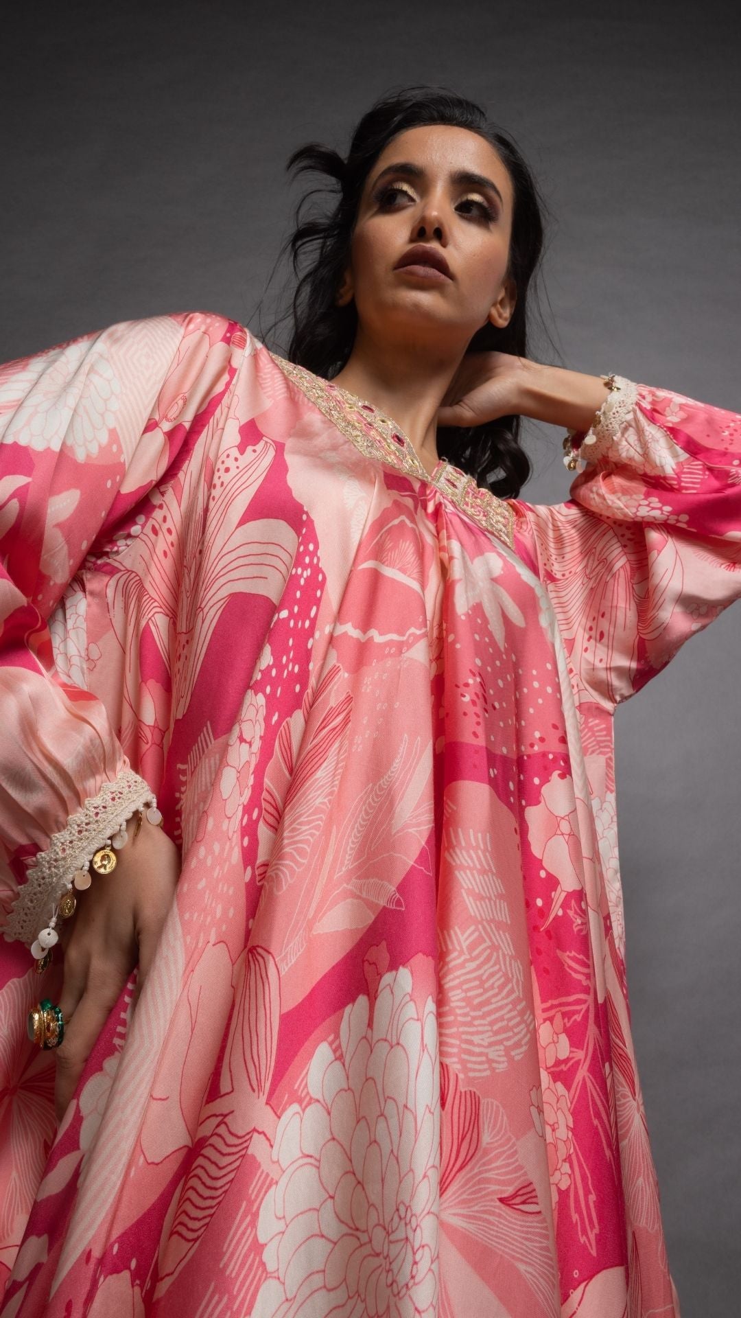 Pink Waterfall Floral Abstract Printed V-Neck Embroidered Top and Pant