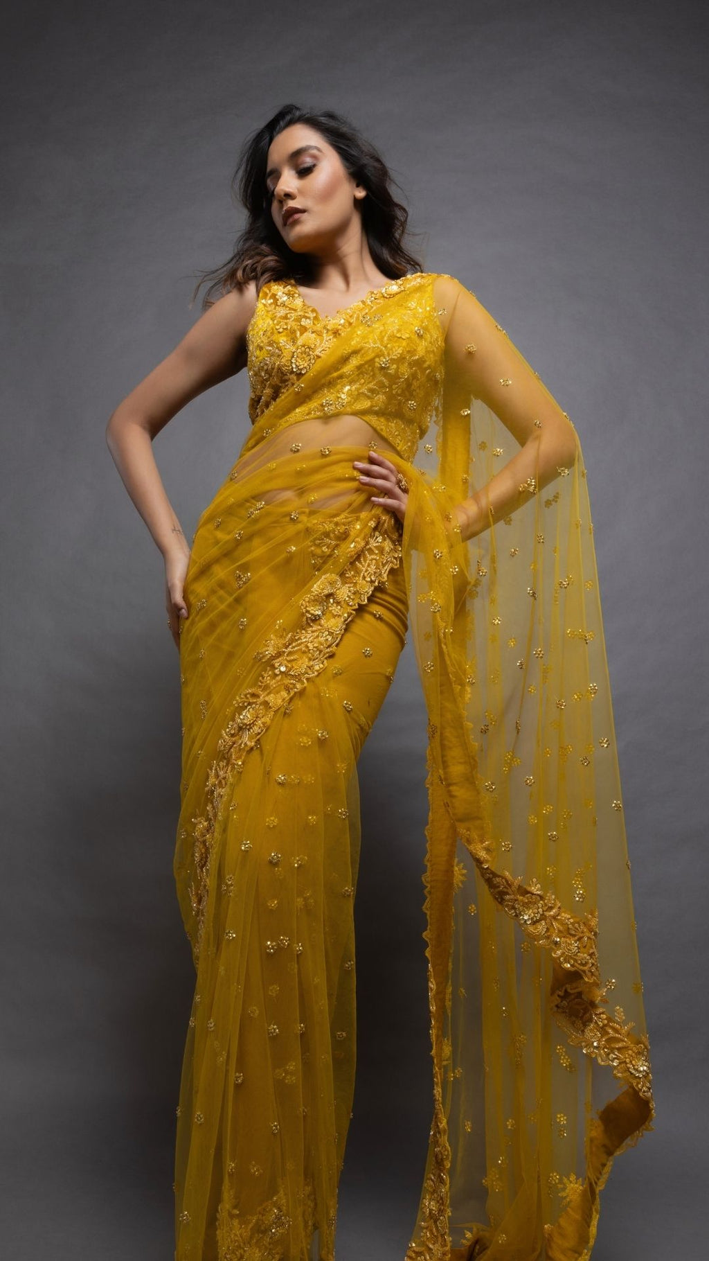 Mustard Embroidered Tie-Up Choli with Mustard Embroidered Pre-Stitched Saree
