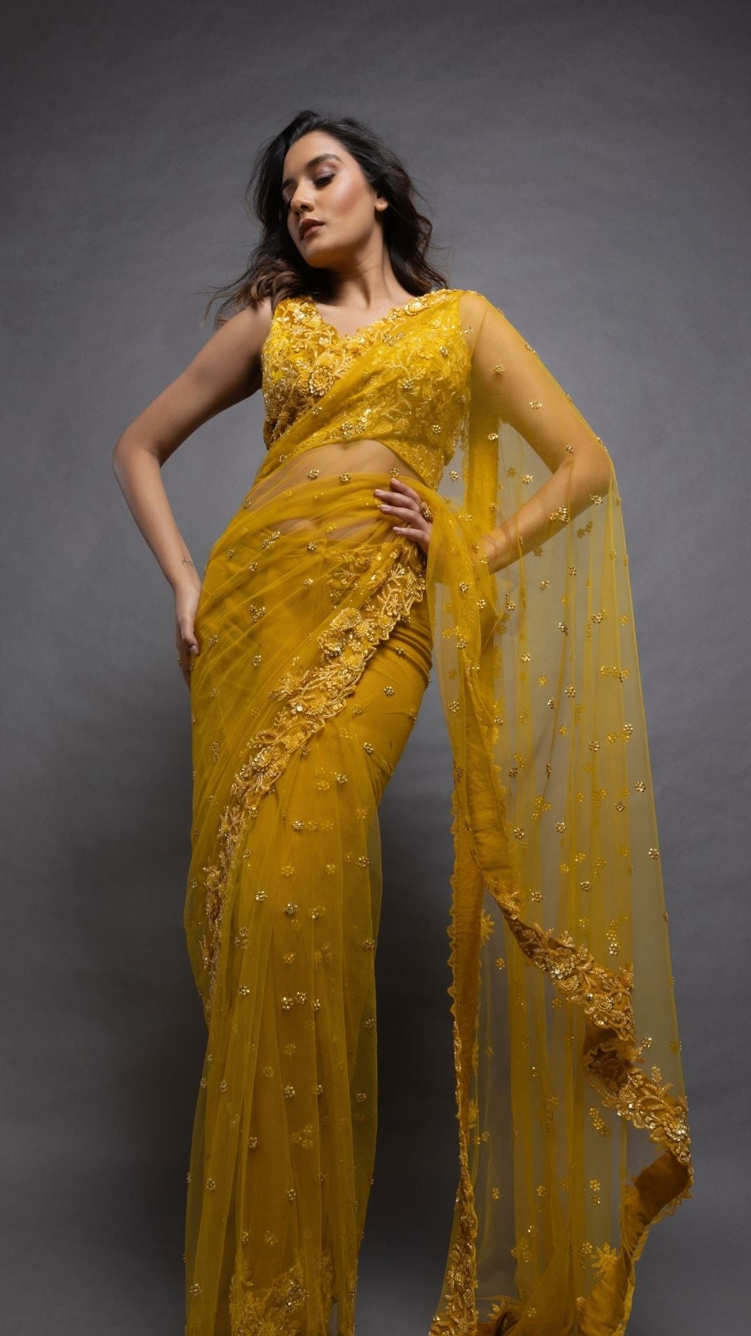 Mustard Embroidered Tie-Up Choli with Mustard Embroidered Pre-Stitched Saree