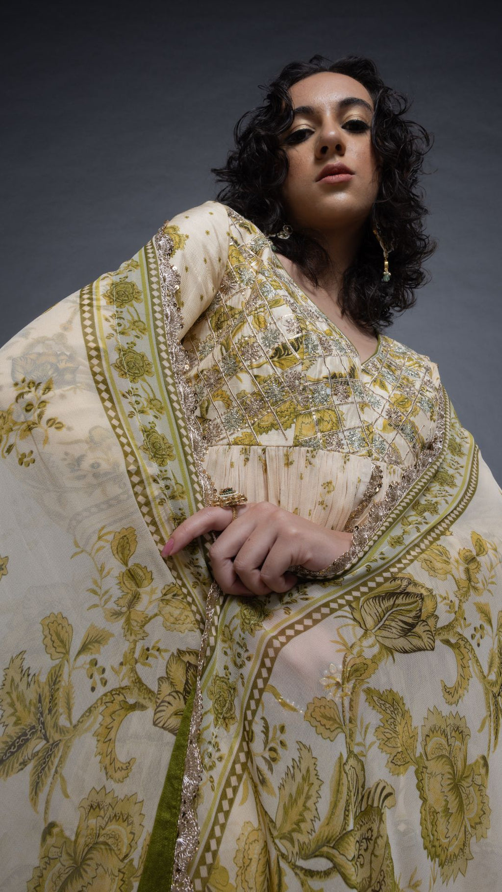 Olive Placement Printed Peplum Sharara and Dupatta