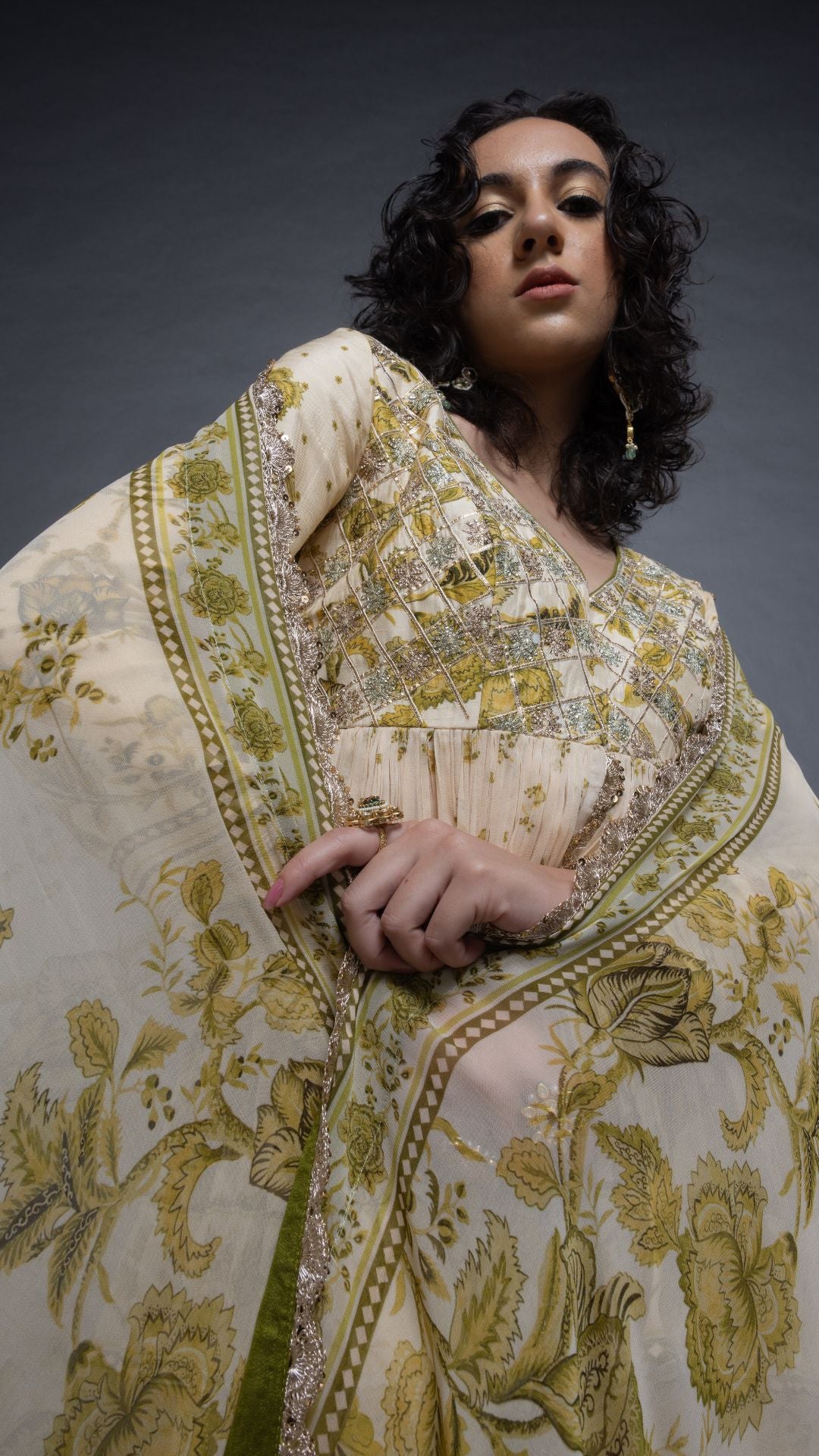 Olive Placement Printed Peplum Sharara and Dupatta