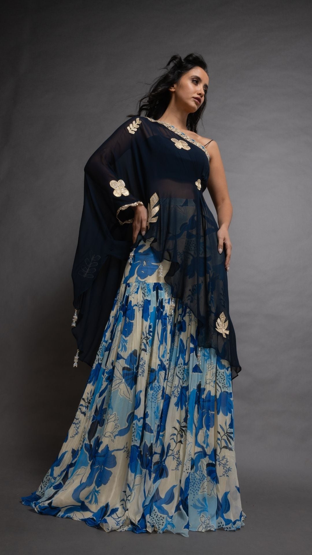 Blue One Shoulder Embroidered Short Poncho with Bustier and Printed Crushed Sharara