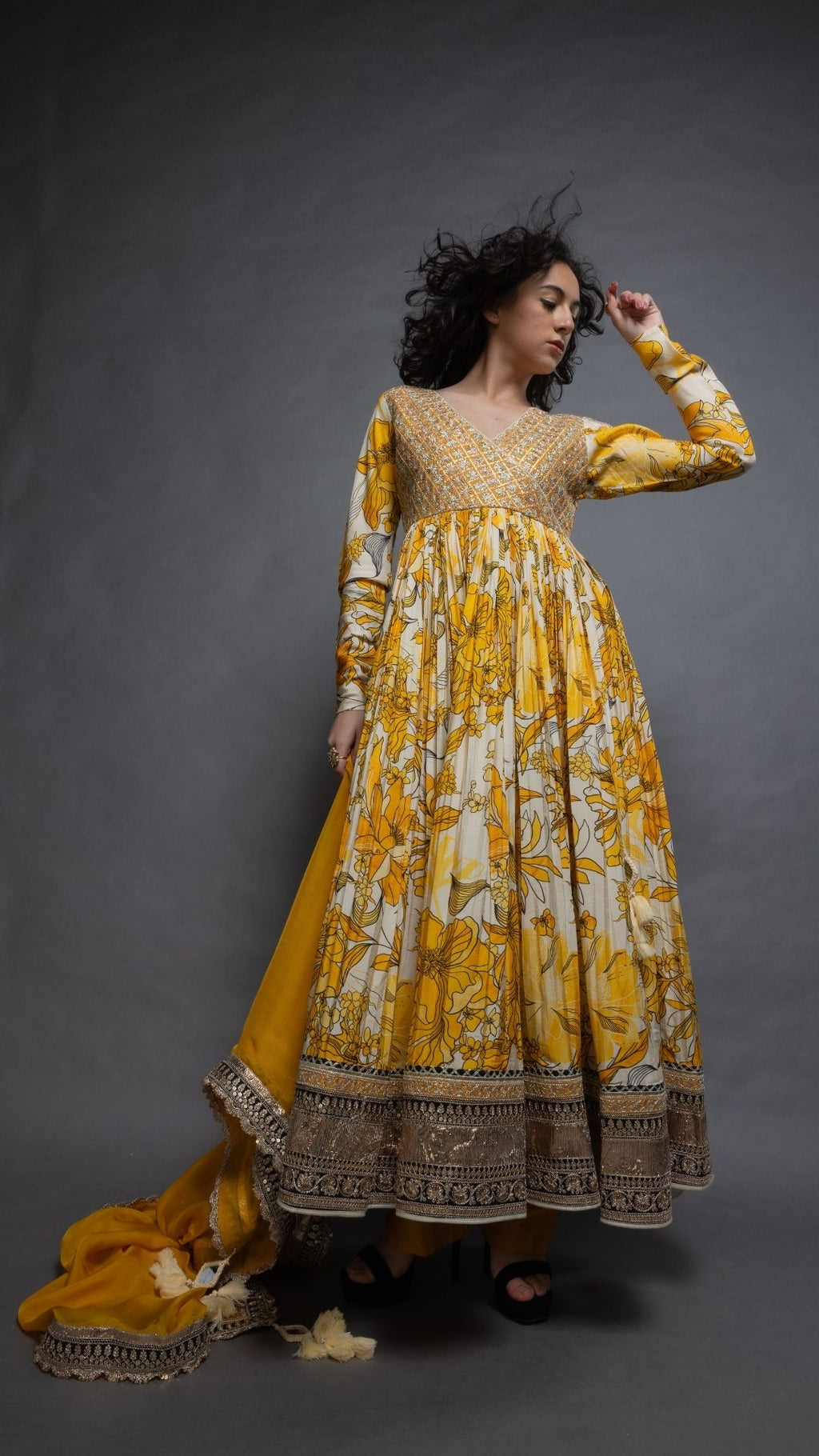 Mustard Embroidered Mock Tie-Up Yoke and Floral Abstract Printed Angrakha with Solid Mustard Pant and Dupatta