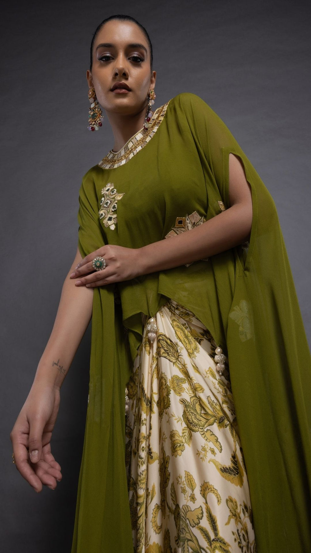 Olive Embroidered Short Closed Neck Poncho with A Bustier and Floral Jaal Printed Drape Skirt