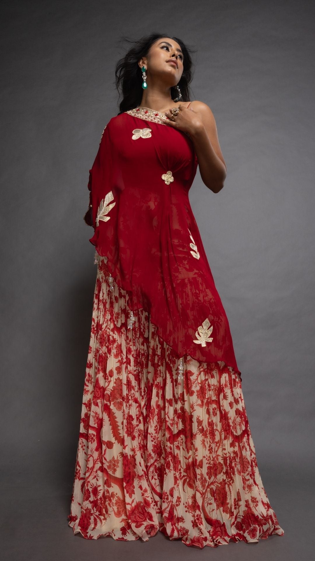 Red One Shoulder Embroidered Short Poncho with Bustier and Printed Crushed Sharara