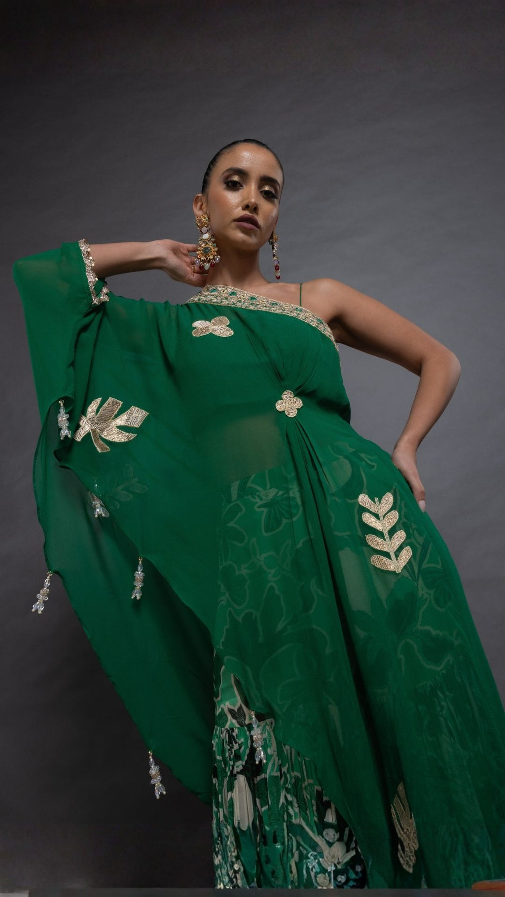 Green One Shoulder Embroidered Short Poncho with Bustier and Printed Crushed Sharara