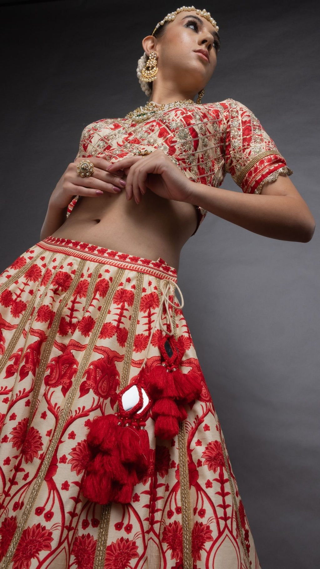 Red Floral Placement Printed Paan Neck Half Sleeves Blouse with Floral Placement Printed Lehenga and Dupatta