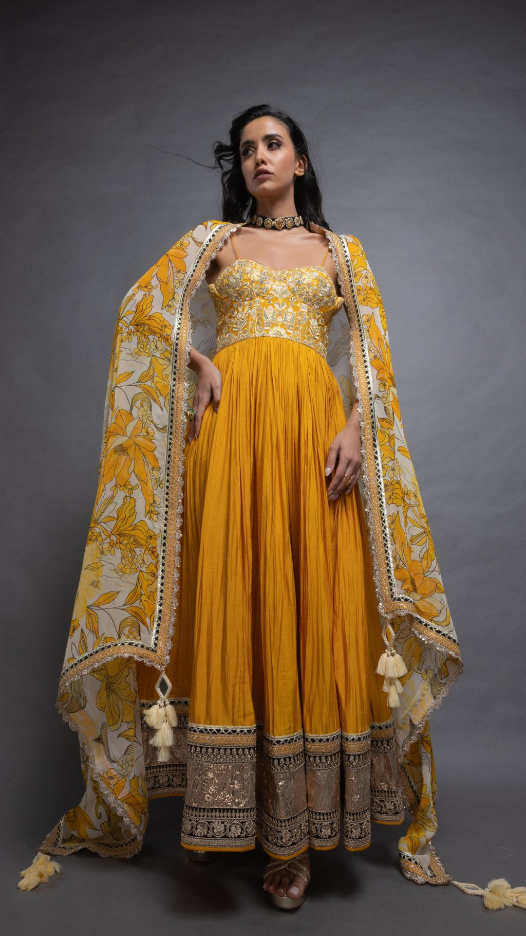 Musturd Embroidered Half Cup Bralette Kalidar with Churidar and Printed Dupatta