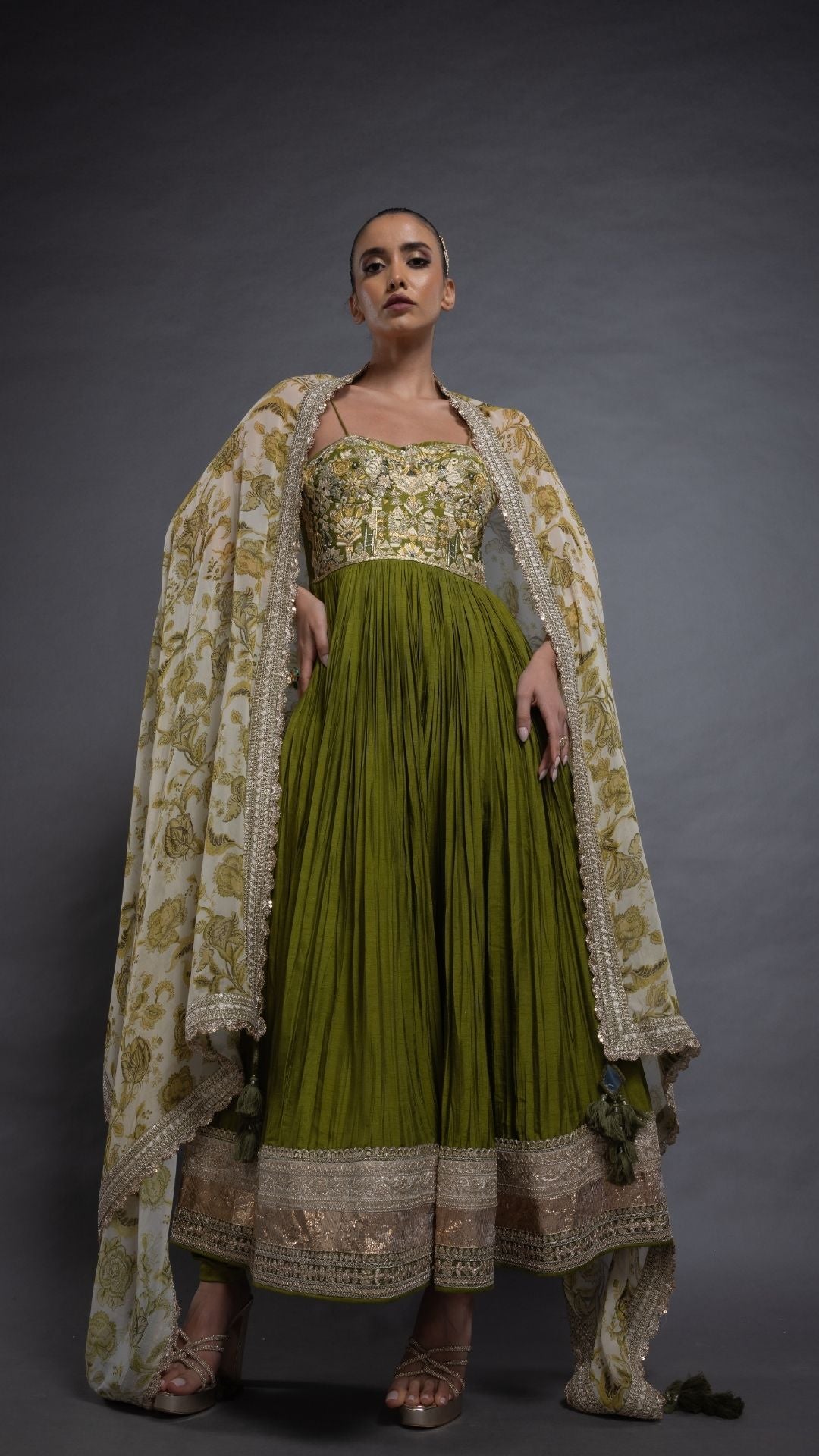 Olive Embroidered Half Cup Bralette Kalidar with Churidar and Printed Dupatta