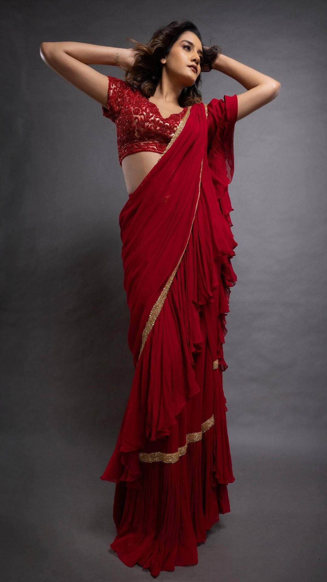 Red Frill Saree with Embroidered Pan Neck Choli