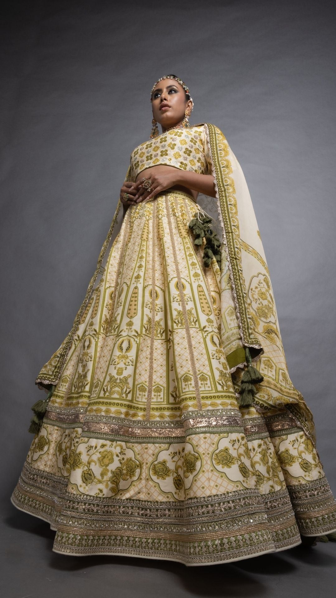 Olive Floral Placement Printed Close Neck Half Sleeves Blouse with Floral Placement Printed Lehenga and Dupatta