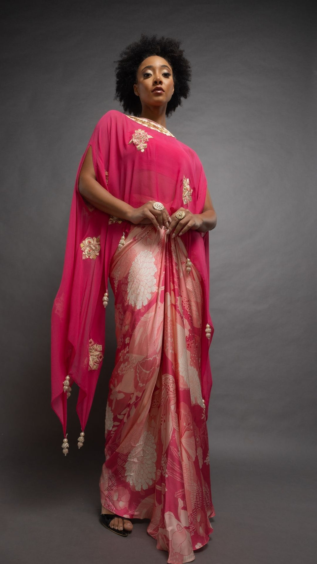 Pink Embroidered Short Closed Neck Poncho with A Bustier and Floral Jaal Printed Drape Skirt