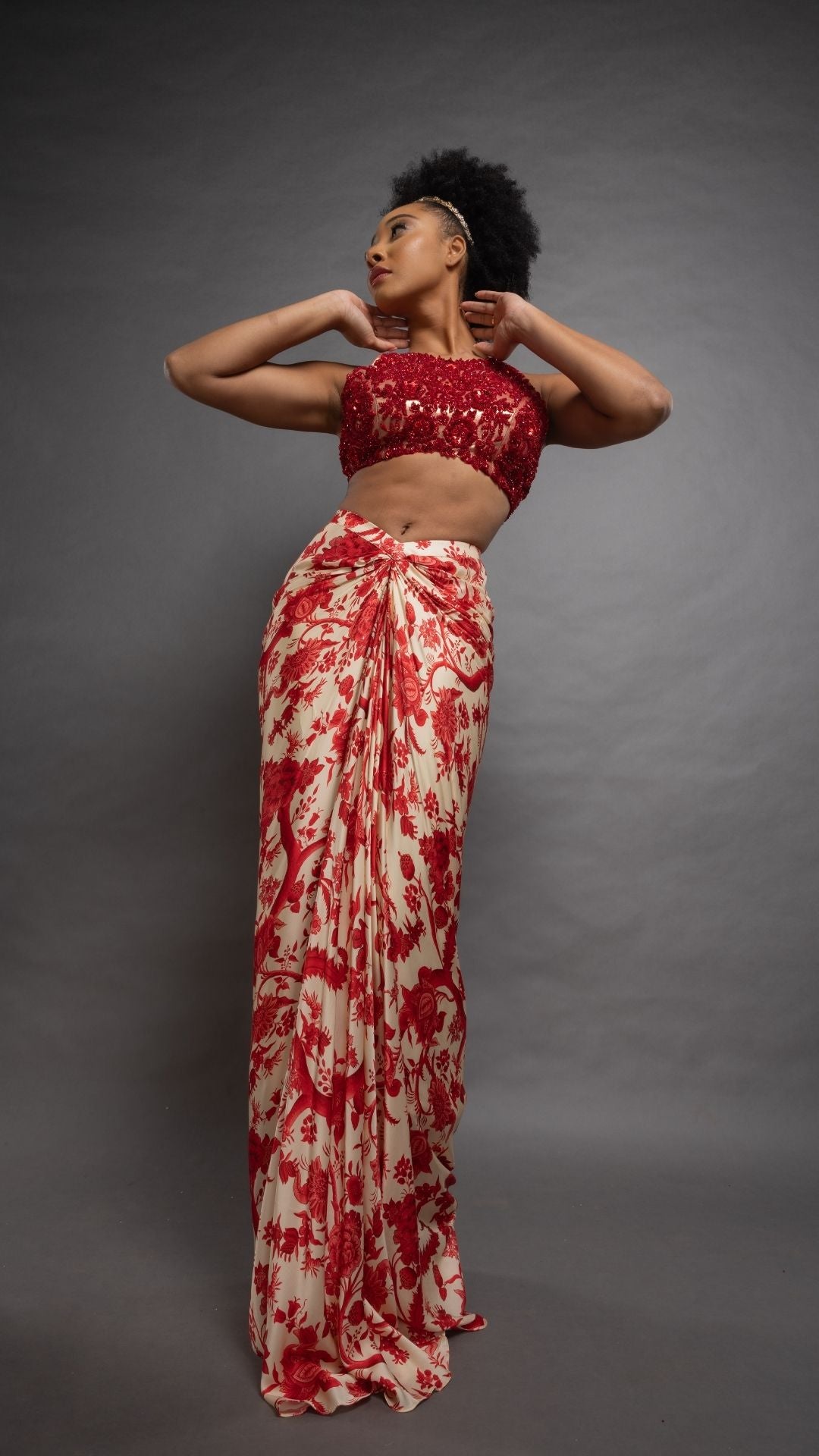 Red Hand Embroidered Halter Neck Top and Printed Drape Skirt