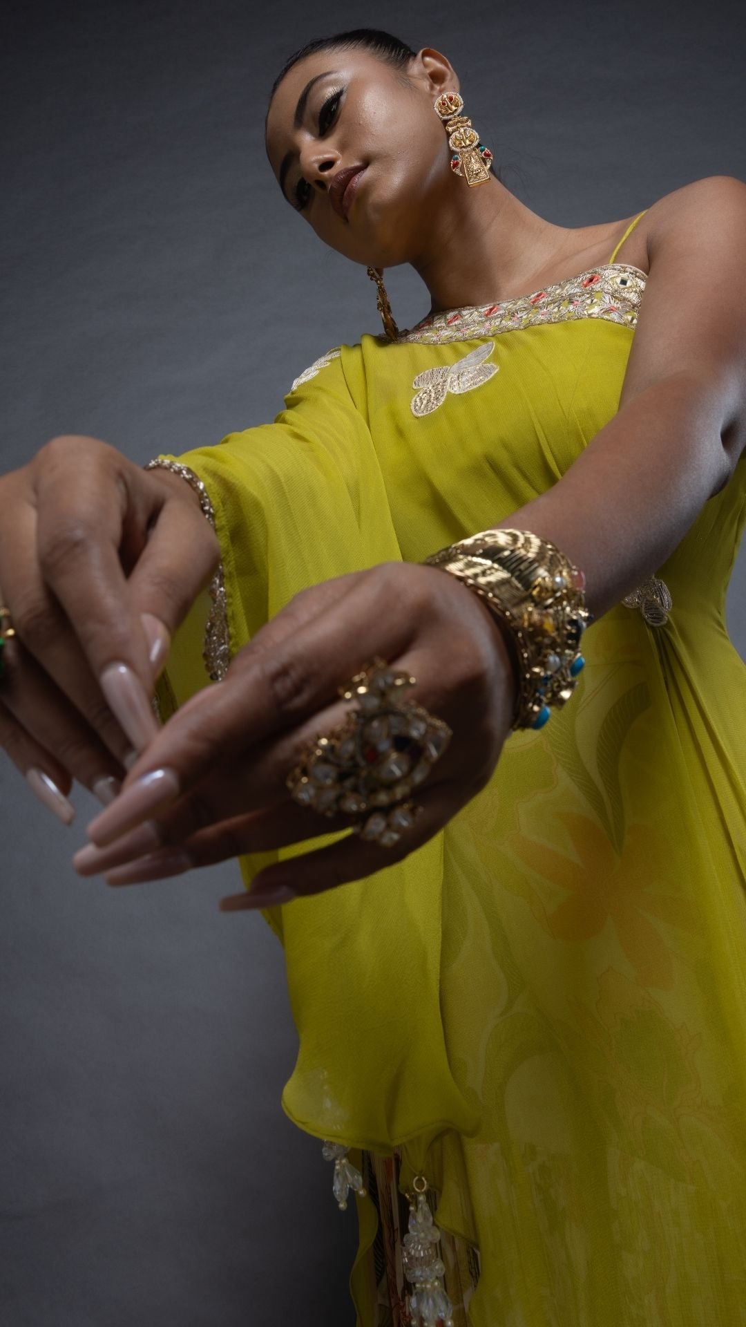Lime Green One Shoulder Embroidered Short Poncho with Bustier and Printed Crushed Sharara