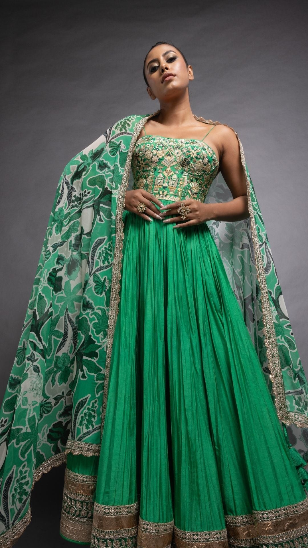 Green Embroidered Half Cup Bralette Kalidar with Churidar and Printed Dupatta