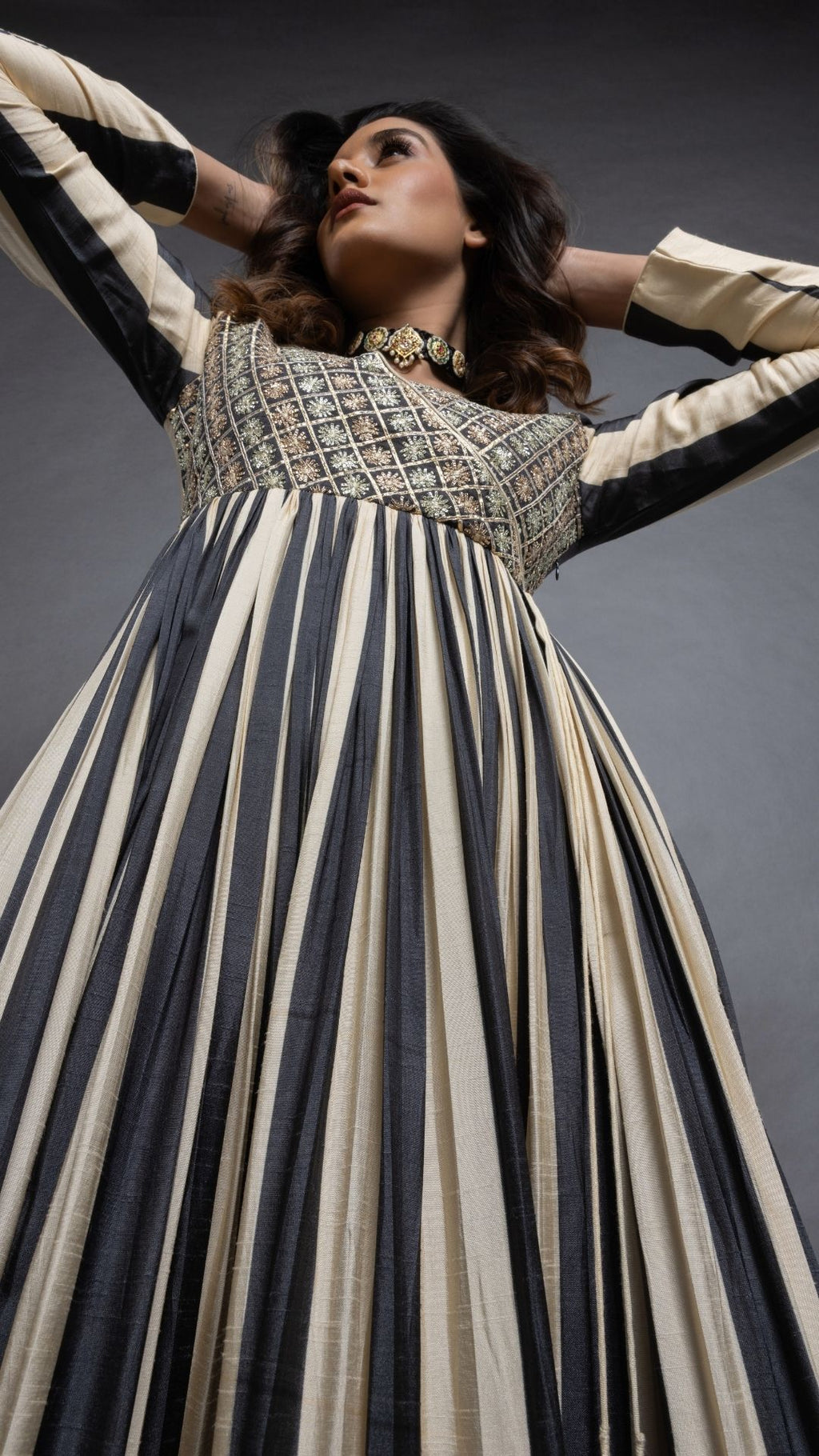 Grey Embroidered Mock Tie Up Yoke & Stripes Printed Angrakha with Solid Grey Pant and Dupatta