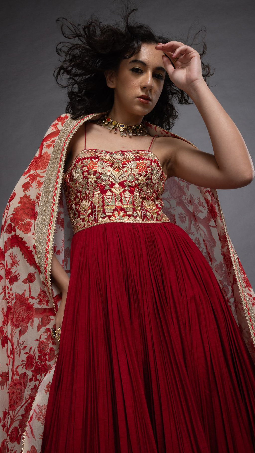 Red Embroidered Half Cup Bralette Kalidar with Churidar and Printed Dupatta