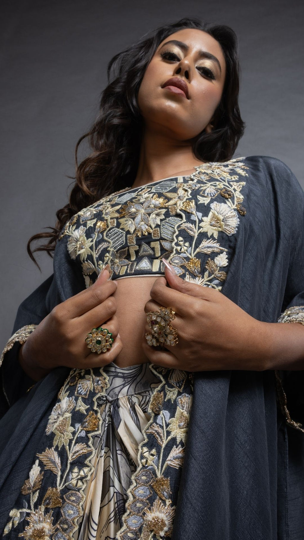 Grey Printed Saree with Printed Bustier and Cutwork Cape With Slit Sleeve